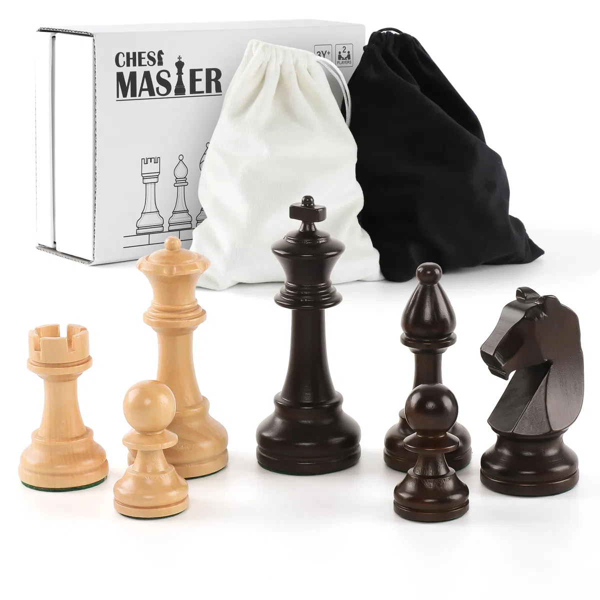 Schachfiguren Holz Set – 32 handgefertigte Turnierfiguren aus Naturholz mit 9,5 cm König– Luxus Staunton Design, inkl. Aufbewahrungsbeutel (ohne Schachbrett)