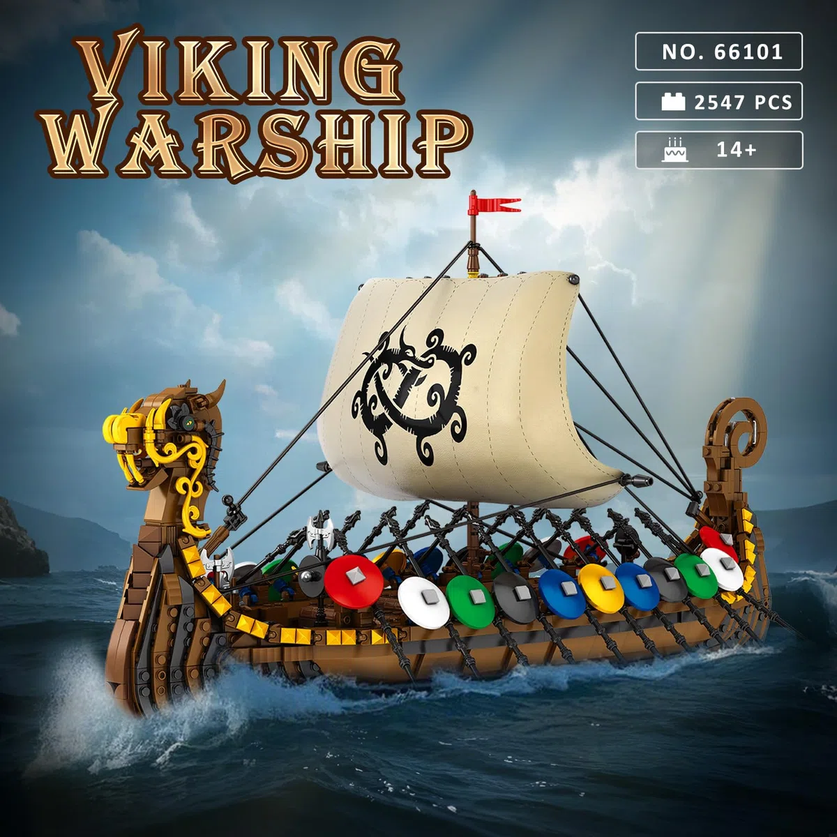 Reobrix Wikinger Piratenschiff Baustein-Spielzeug, Display Langschiff-Kollektion Bausatz-Modelle für Erwachsene, 66101 Großes Segelschiff Mittelalterliche Bewaffnete Kriegsschiff Baustein-Puzzle