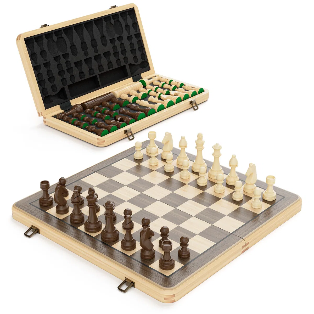 38 cm Holz Klapp-Schach- und Dame-Set, 2-in-1 Brettspiel, 7,6 cm König Staunton Figuren, 2 zusätzliche Damen (Black)