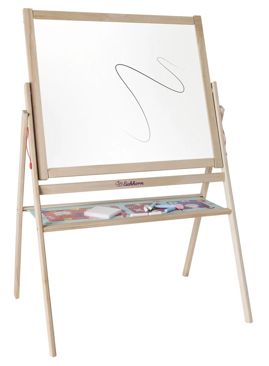 Eichhorn - Standtafel, Kindertafel mit 10 Kreiden, 1 Stift und Schwamm, zweiseitig beschreibbar, mit Ablage, drehbar, 13 teilig, 58x86 cm, aus Buchenholz, ab 3 Jahren, Bunt, 100002588