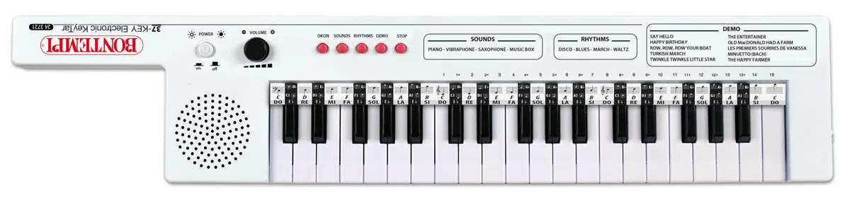 BONTEMPI - Elektronisches Keytar mit 37 Tasten mit 4 Sounds 4 Rhythmen 10 Vorab Aufgenommene Lieder Okon-Funktion Lautstärkeregler USB Typ-C Akkuladung Tragegurt Notenzeile 550x112x40 mm