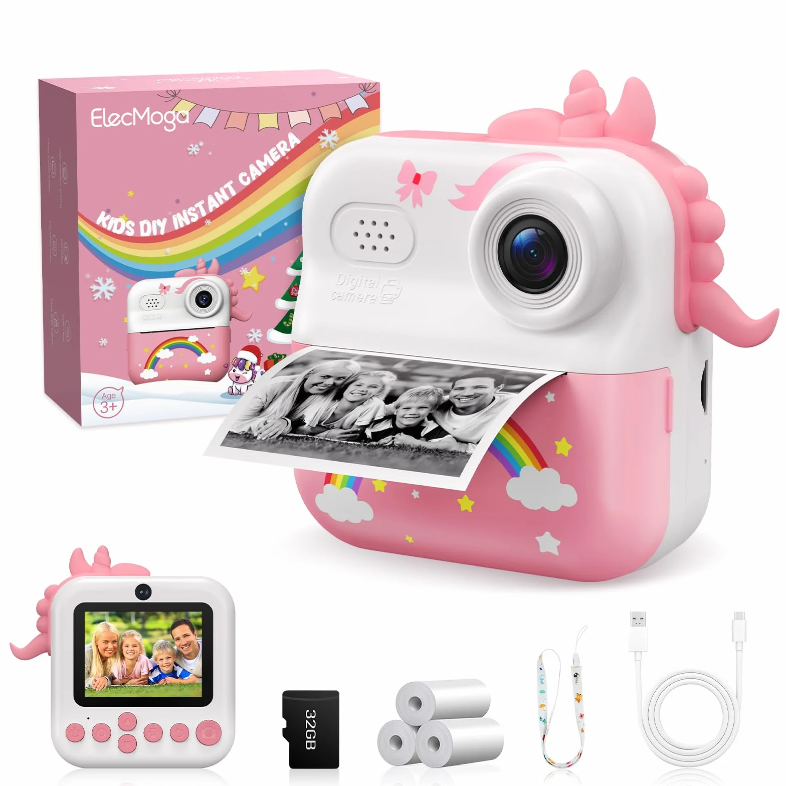 ElecMoga Sofortbildkamera Kinder, 48MP Kinderkamera 1080P HD 2,4 Zoll Bildschirm Digitalkamera mit 32GB Karte & DruckerPapier, Kinder Spielzeug Geburtstag Weihnachten Geschenk für 3-12 Jahren Mädchen