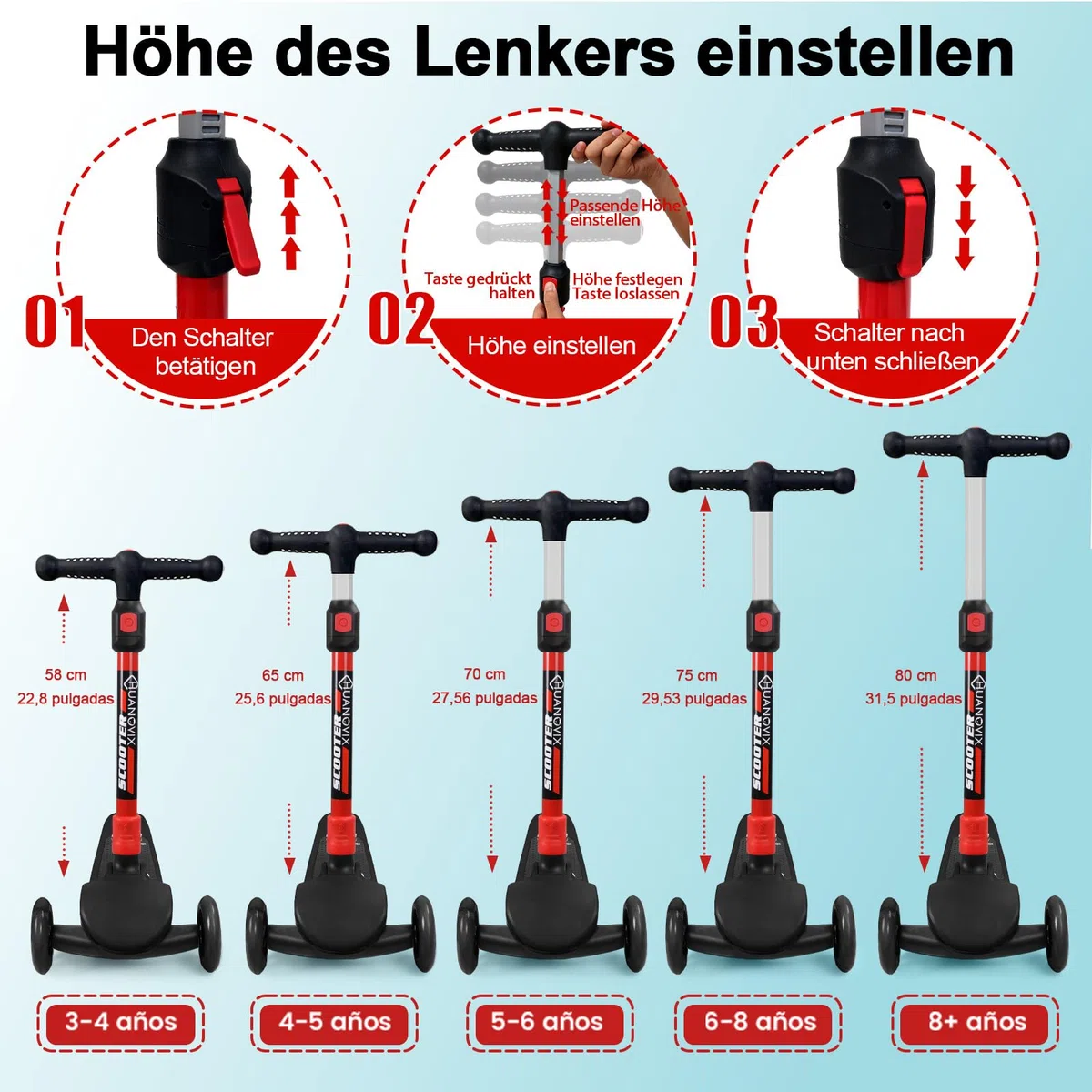 Scooter Kinder, Roller Kinder - 3 Rad Kinderroller mit leuchtenden Rädern | höhenverstellbar, rutschfestes Trittbrett & Hinterradbremse, faltbarer Kinderroller für Jungen und Mädchen 3-12 Jahre