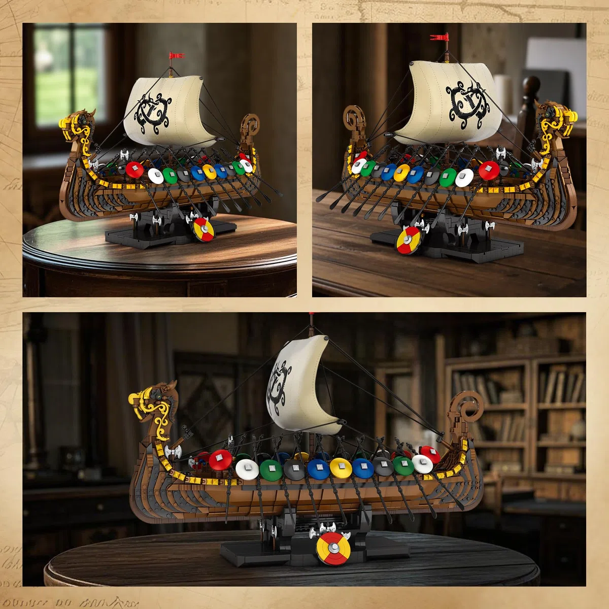 Reobrix Wikinger Piratenschiff Baustein-Spielzeug, Display Langschiff-Kollektion Bausatz-Modelle für Erwachsene, 66101 Großes Segelschiff Mittelalterliche Bewaffnete Kriegsschiff Baustein-Puzzle