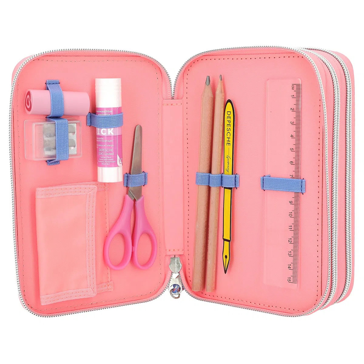 Depesche 12950 TOPModel - Gefüllte 3-Fach Federtasche in Rosa, mit Model Motiv und Wendepailletten, Federmappe mit Buntstiften, Lineal, Schere uvm.