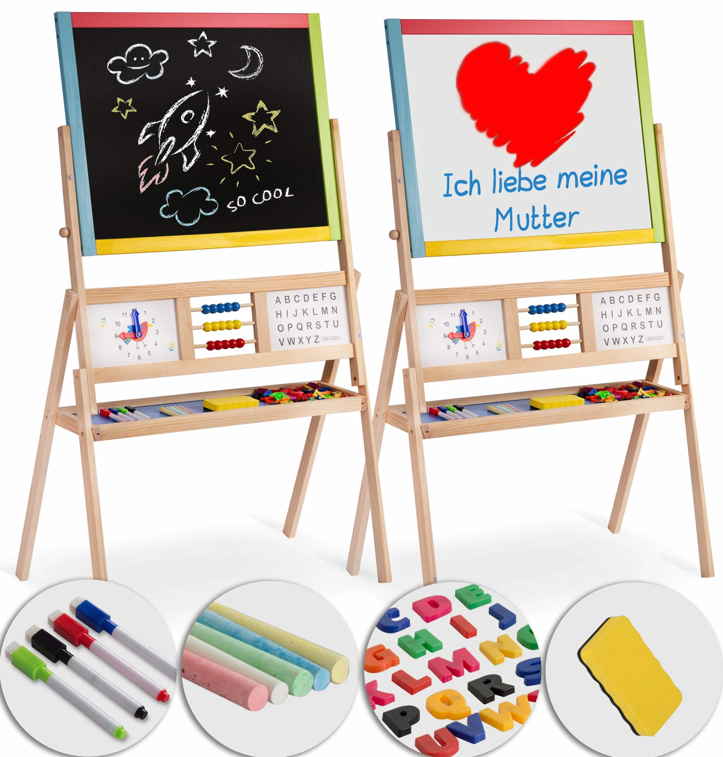 Spiel-Tafel für Kinder magnetisches Whiteboard Uhr Abakus und Kreidetafel Maltafel Kindertafel Staffelei aus Holz Ricokids