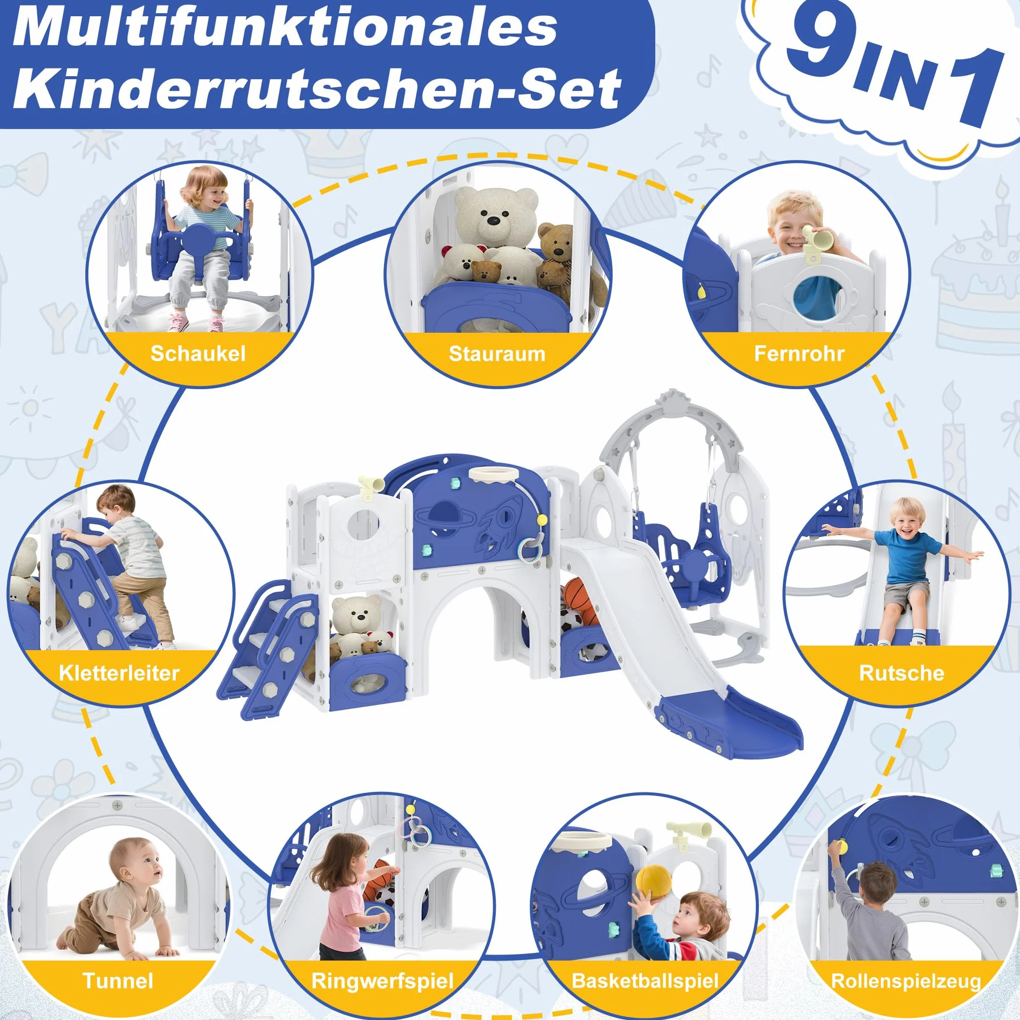 Aufun 7-in-1 Kinderrutsche für Kleinkinder, Multifunktionales Spielset mit Schaukel, Rutsche, Basketballkorb, Tunnel, Stauraum, Kletterleiter, Werkzeugfreie Montage Freistehenderutsche Spielzeug