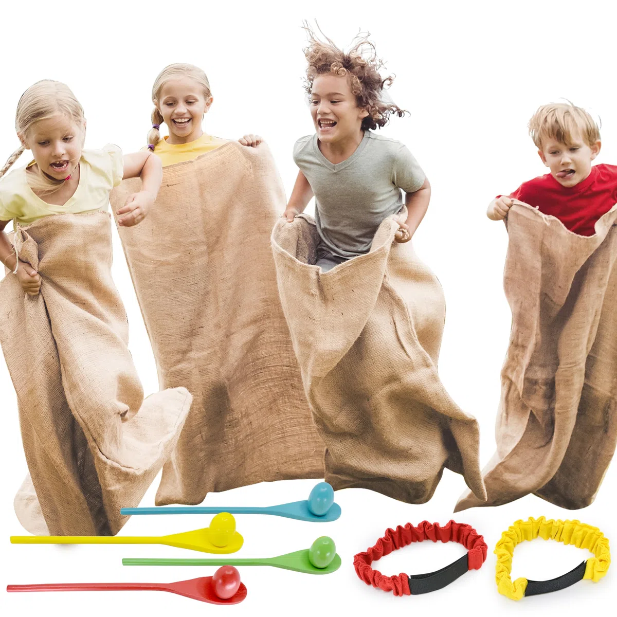 JOYIN 4 Spieler Outdoor Rasen Spiele, Spiele Gartenspiele， Potato Sack Race Bags, Eier und Löffel Rennspiele, Legged Relay Race Bands Elastisches Bindeseil für Kinder und Familien, Osternsuchspiel.