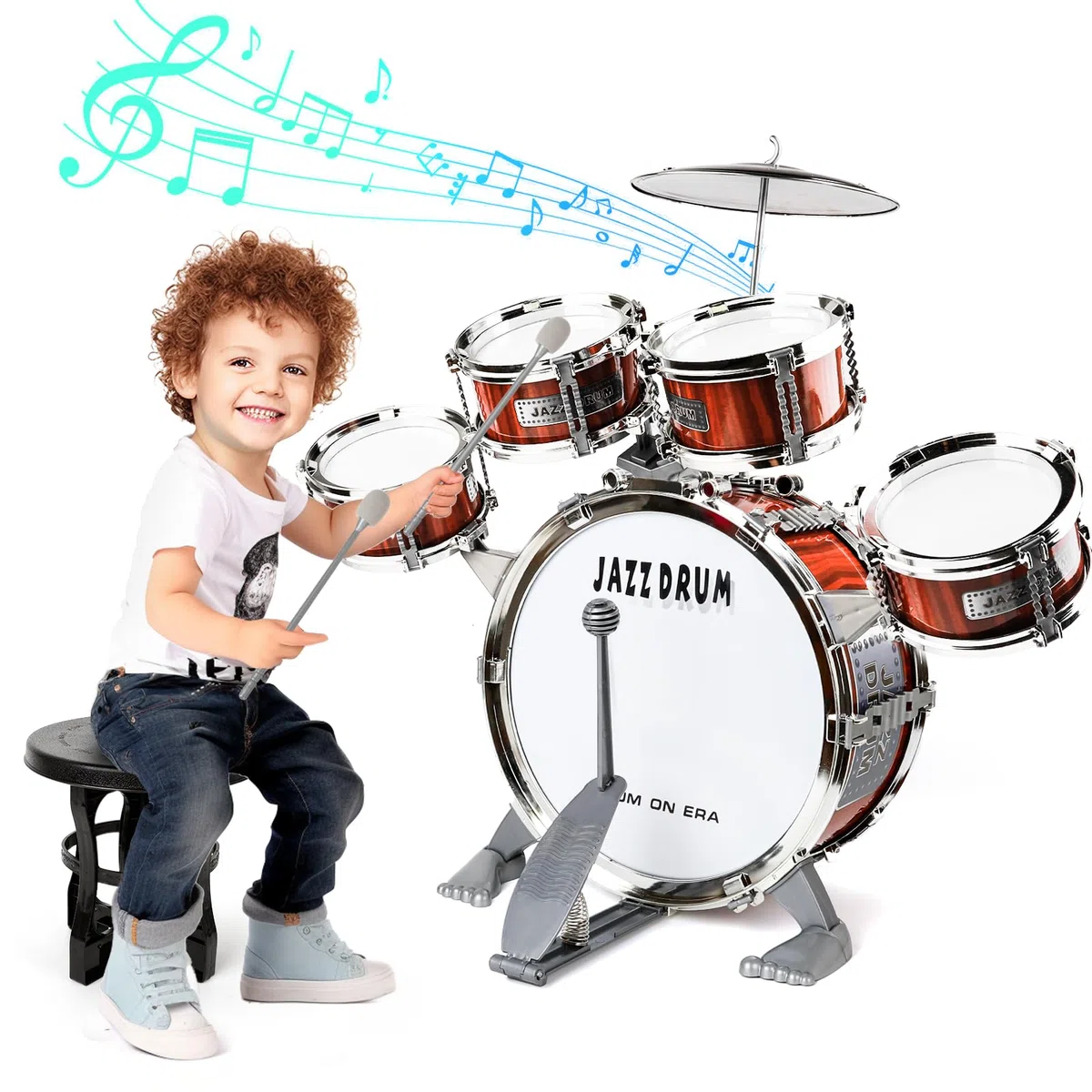 Schlagzeug für Kinder, 5 Trommeln mit Hocker, Musikinstrument für frühkindliche Bildung, passend für Kinder ab 3 Jahren, Drumset für Jungen & Mädchen