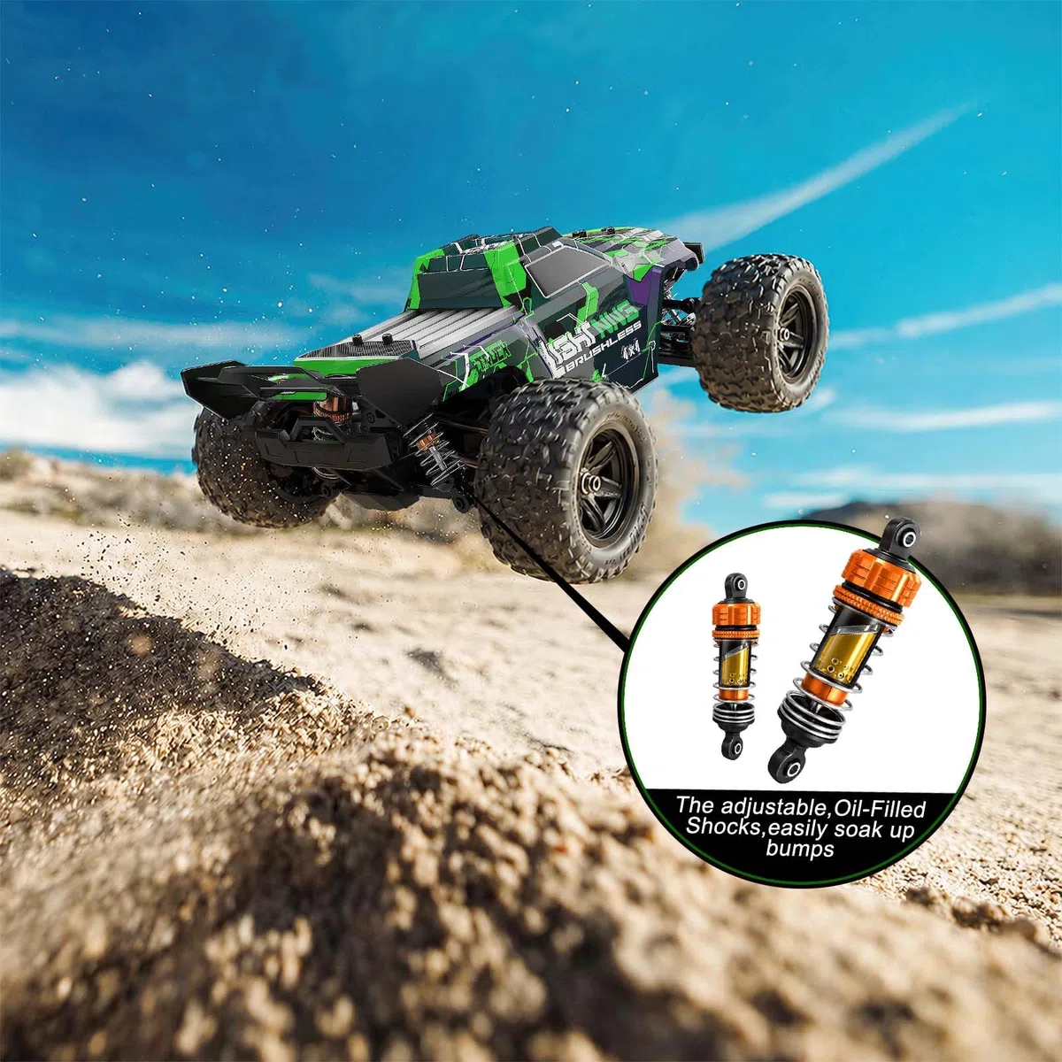 Ferngesteuertes Auto 1:18 Brushless 4WD RC Auto 52 km/h für Erwachsene & Kinder ab 10 Jahren, RTR Offroad RC Auto mit ölgefüllten Stoßdämpfern, Vollmetall-Antrieb, 2 Akkus & 2 Karosserien