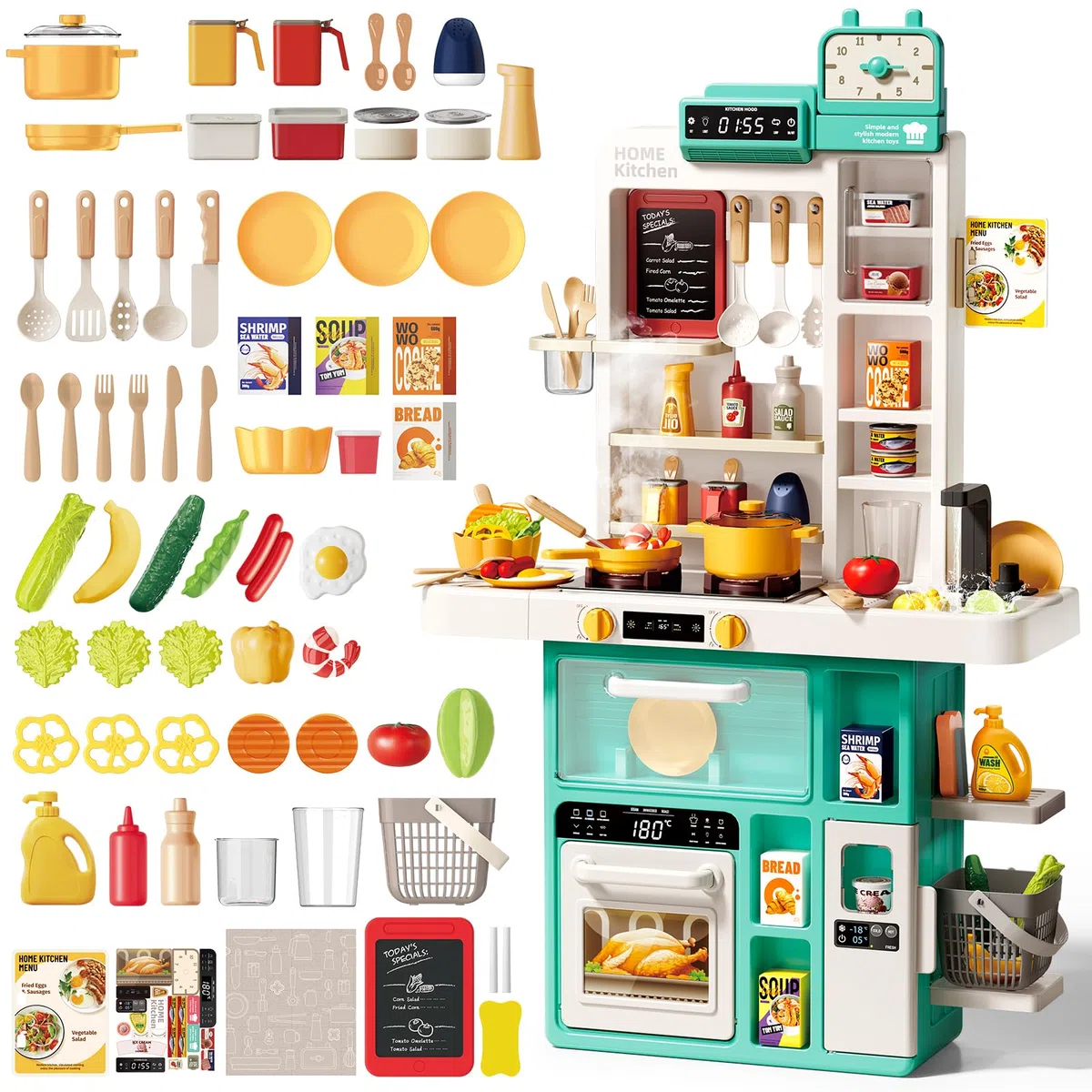 deAO Kinderküche 69 PCS Spielküche mit Licht, Kochsound & Flammeneffekt, Wasserfunktion mit Sprühnebel & Wasserhahn, Herd & Backofen- Geschenk für Kinder ab 3+ Jahre (Grün)