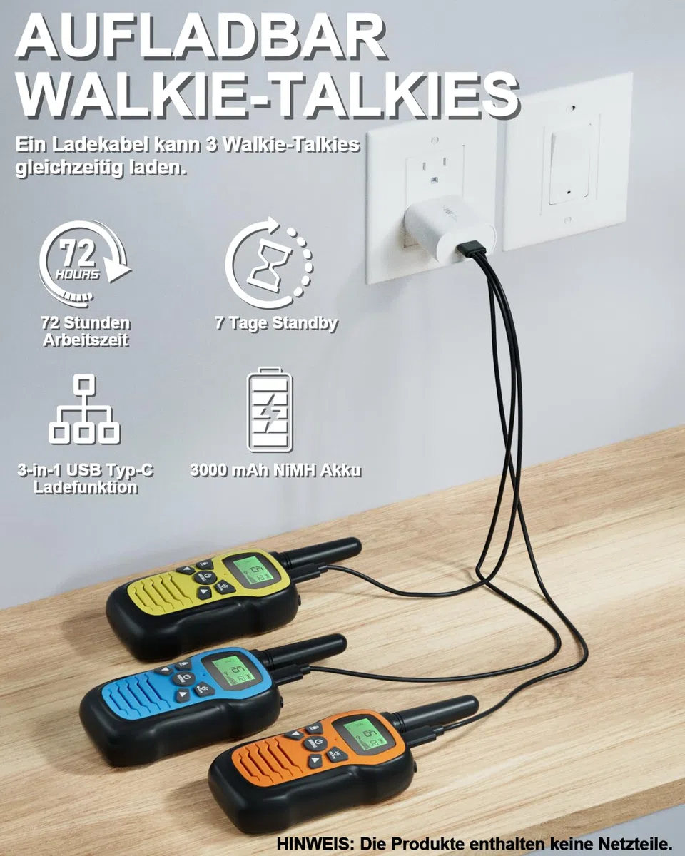 Walkie Talkie, Walkie Talkie Aufladbar für Kinder mit 16 Kanäle, 3er Set Funkgerät mit VOX Funktion, LED Taschenlampe, 3 Meilen Lange Distanz für Wandern Camping Abenteuer