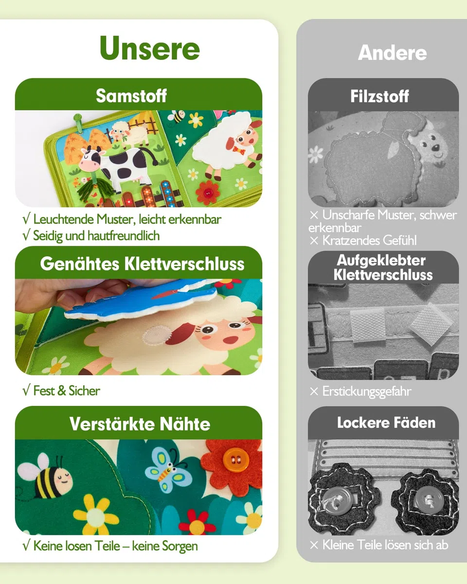 hahaland Montessori Spielzeug ab 1 Jahr – Bauernhof Thema Quiet Book, 20-in-1 Busy Board Weichem Filz für Frühe Bildung, Busy Book für Autofahrt, Spielzeug ab 1 2 3 Jahre, Geschenk zum 1 Geburtstag
