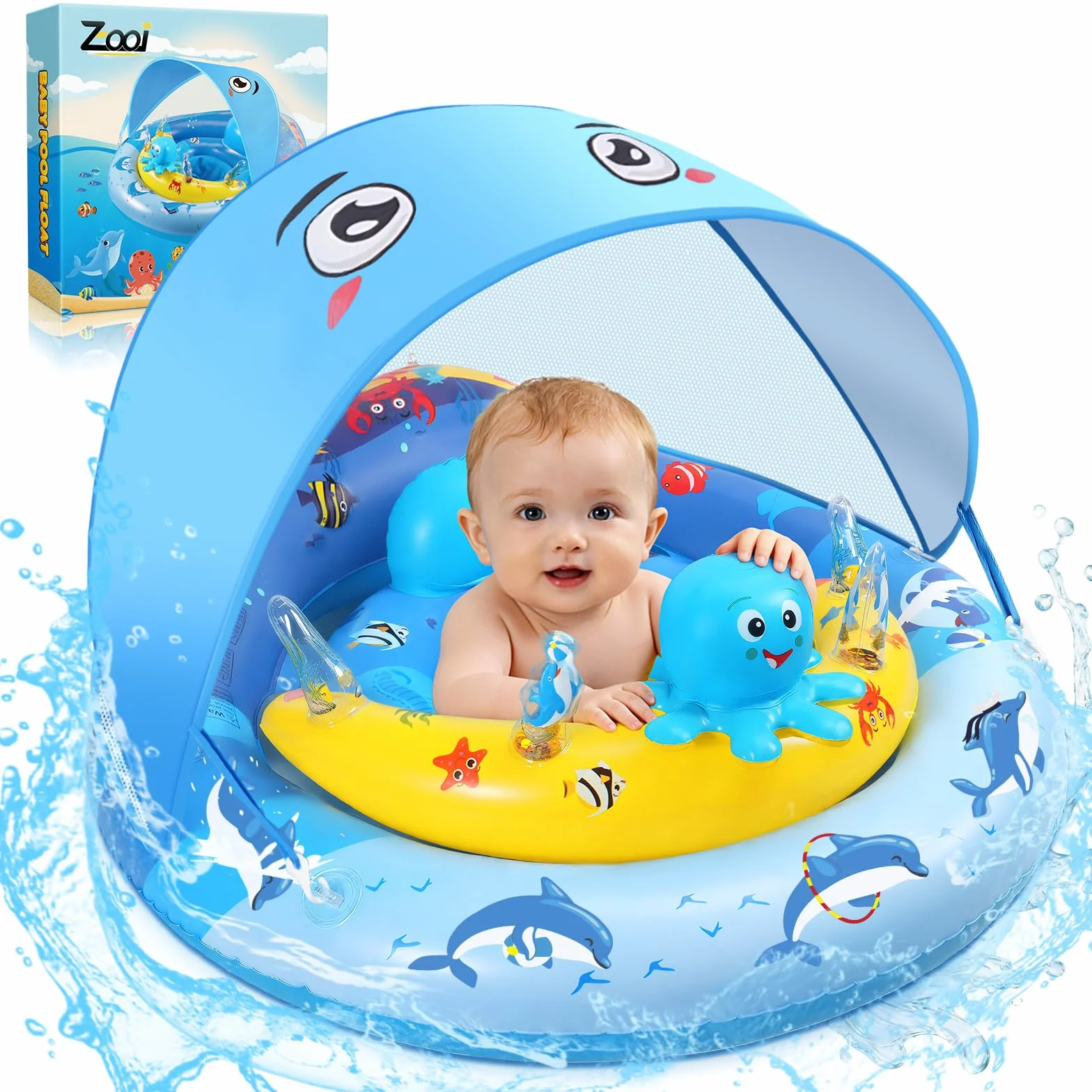 Schwimmring Baby, Baby Schwimmring ab 6-36 Monate mit Sonnendach, Schwimmreifen Baby Verstellbarer Sicherheitssitz, UPF50+ Baby Schwimmring mit Sonnendach, Schwimmhilfe Kinder 1-3 Jahre