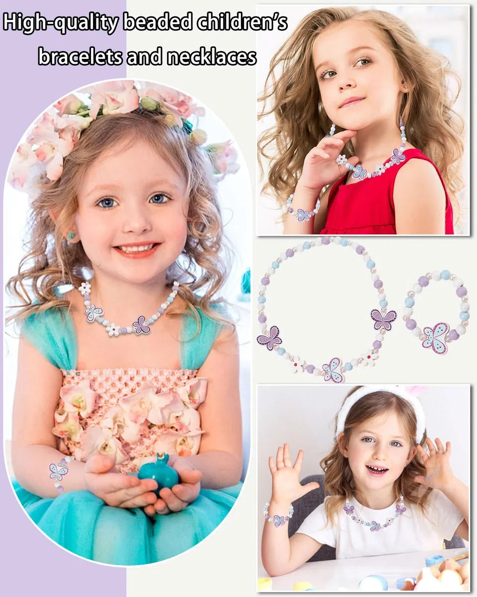 2 Teiliges Kinderschmuck Set Holz Halskette und Armband für Kinder Schmuck Set Kette,Niedliche Schleifenarmbänder, Kinderschmuck Aus Holz, Schmuckset Für Mädchen