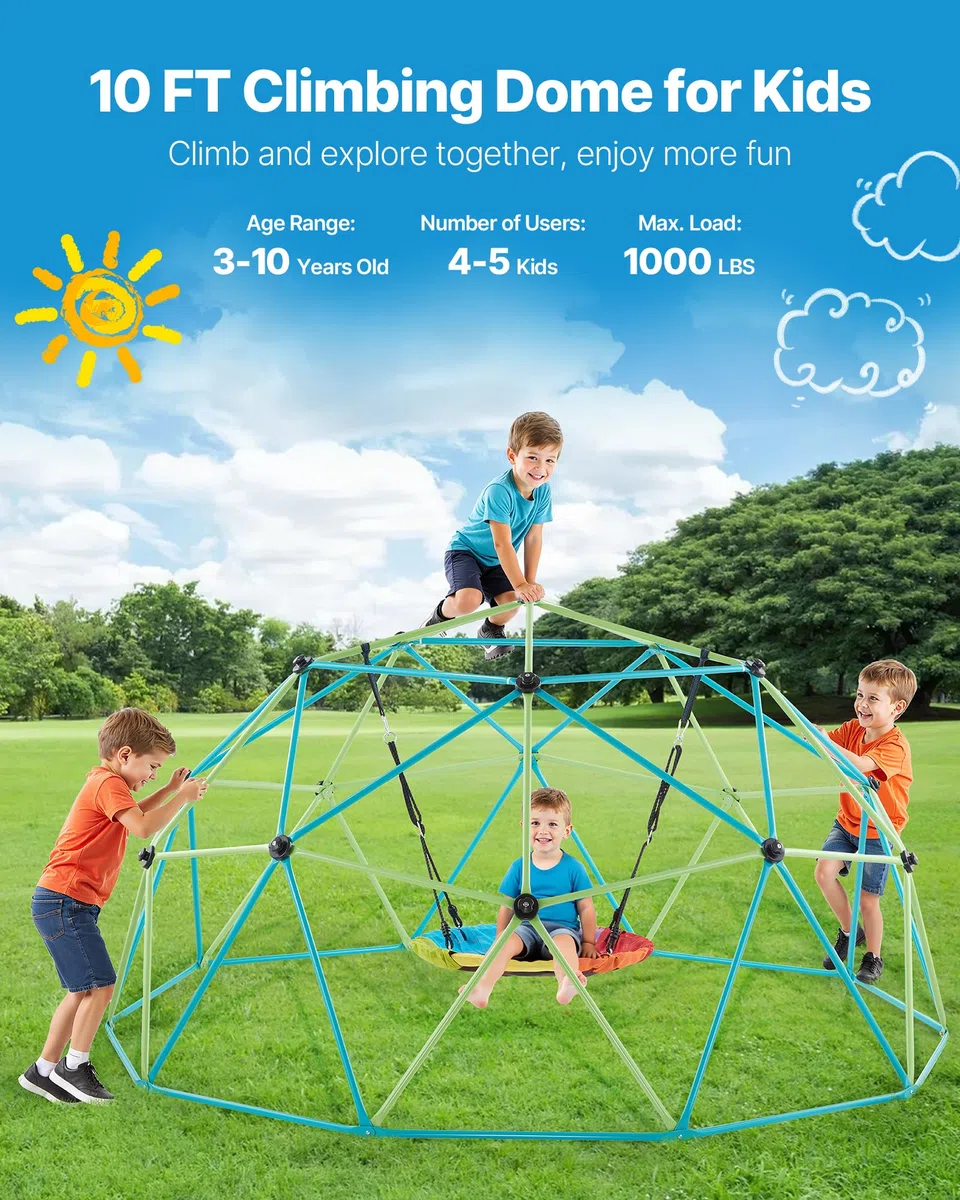 VEVOR Kletterkuppel geometrisches Klettergerüst (305 cm breit) mit Tellerschaukel, 453 kg belastbares Klettergerüst, Klettergerät für Kinder von 3 bis 10 Jahren Gartenspielzeug Spielplatz