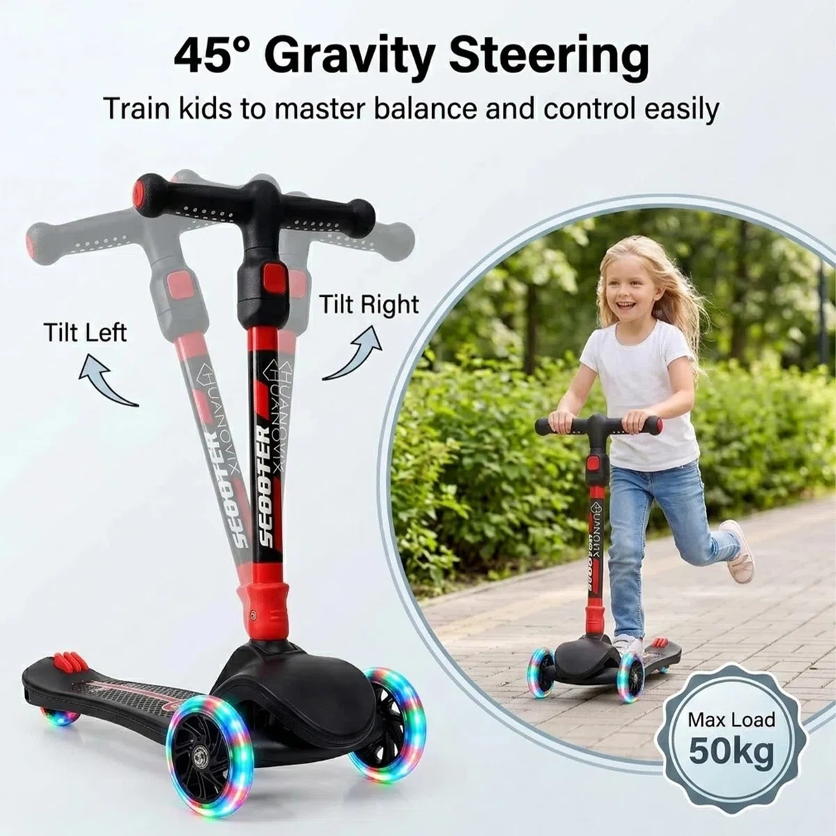 Scooter Kinder, Roller Kinder - 3 Rad Kinderroller mit leuchtenden Rädern | höhenverstellbar, rutschfestes Trittbrett & Hinterradbremse, faltbarer Kinderroller für Jungen und Mädchen 3-12 Jahre