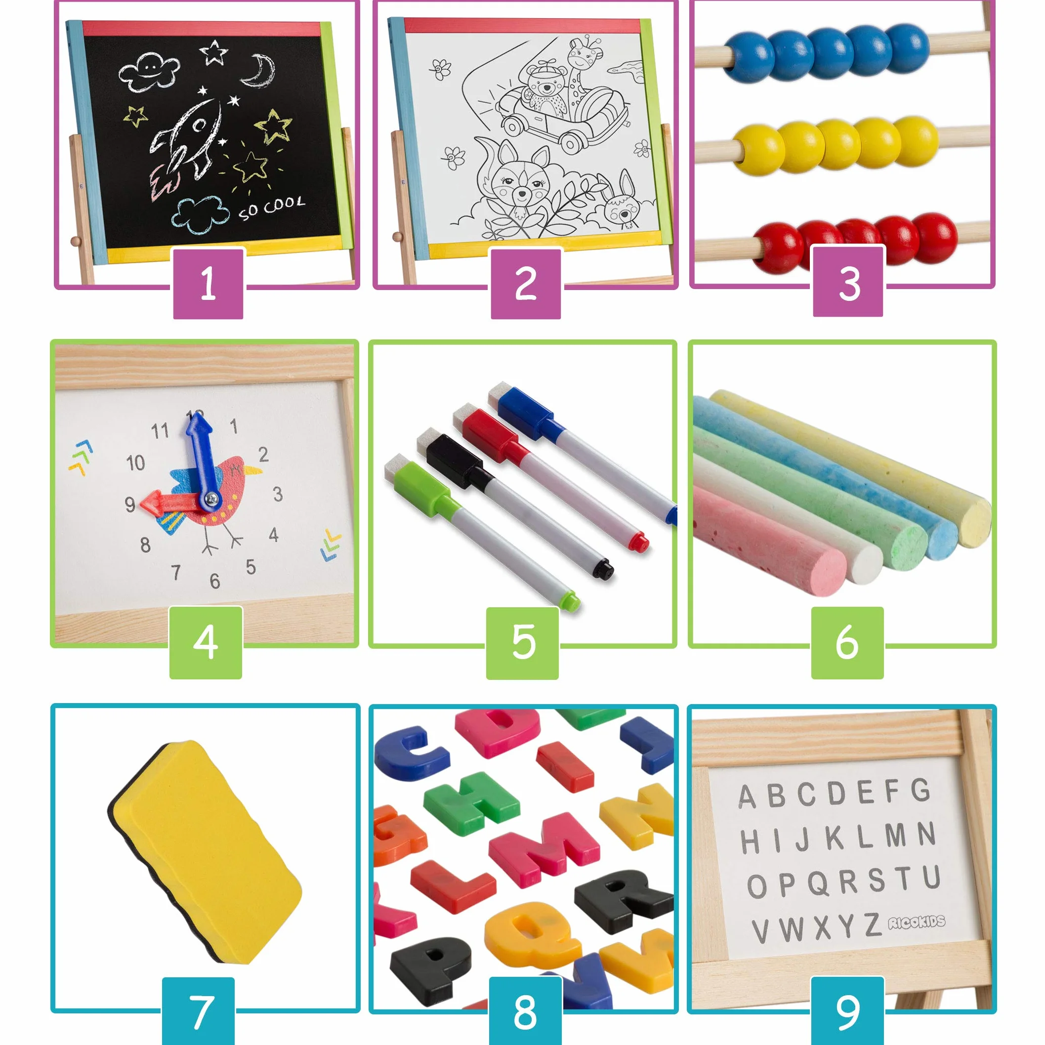 Spiel-Tafel für Kinder magnetisches Whiteboard Uhr Abakus und Kreidetafel Maltafel Kindertafel Staffelei aus Holz Ricokids