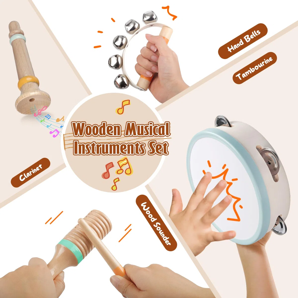 Musikinstrumente für Kinder Holz Montessori Instrumente Musikinstrumente Baby Percussion-Instrumente Musikspielzeug-Set für Kleinkinde (Natürlich)