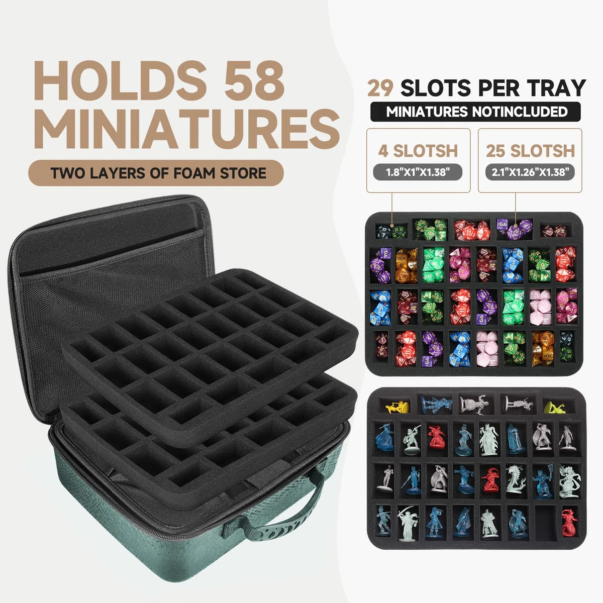 RPG Reisetasche Kompatibel mit Dungeons and Dragons Miniaturen, DND Miniaturen Aufbewahrung, Würfeletui für DND Würfel Set, Miniature Storage Travel Bag Kompatibel mit Warhammer 40k (Grün)