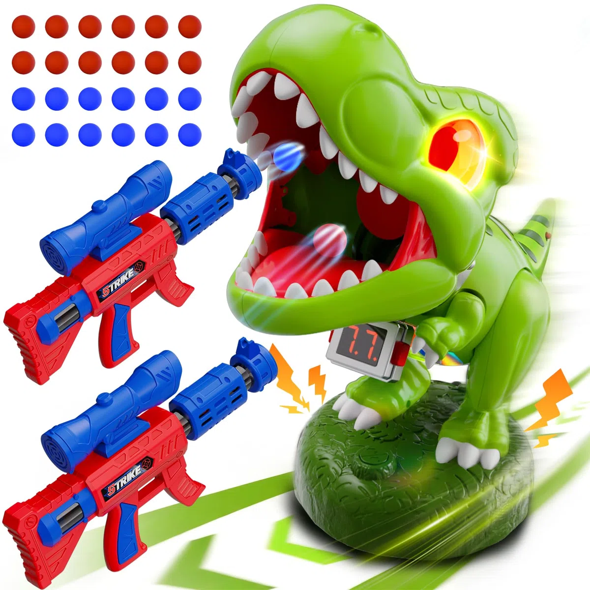 Dinosaurier Schieß Spielzeug Kinder- Bewegliches Realistisches ! kinder Partyspiele ab 3-10 Jahre Jungen, 2 Luftpumpenpistolen, LED, Schaumball, Zähler, Brüllen, Geschenk Junge 4 5 6 7 8 9 10 11 Jahre