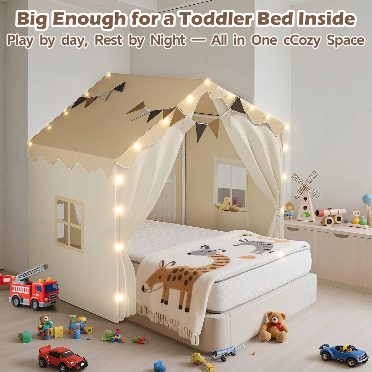 EagleStone 2-in-1 Kinderzelt mit Sternenlicht & gepolsterter Matte, Spielzelt und Bettzelt für Kinder Indoor & Outdoor, 2 Türen, 4 Fenster, 2 Seitentaschen, Geschenk für Jungen & Mädchen ab 3 Jahre