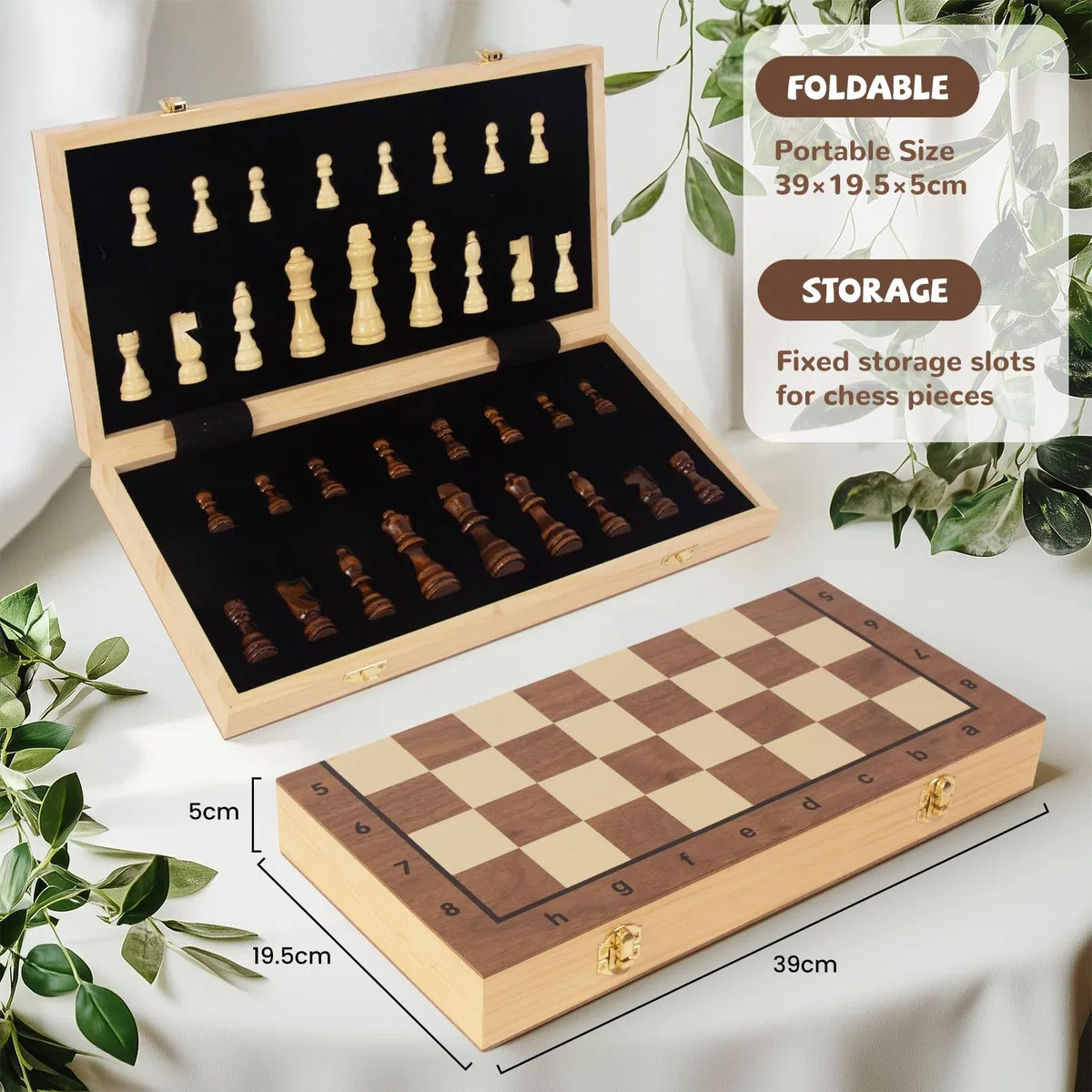 WOODENFUN Schachspiel Magnetische Holz für Erwachsene und Kinder Faltbares Schachbrett 40x40cm Tragbares Schachspiel Nuss- und Kiefernholz(Braun Große Faltung)