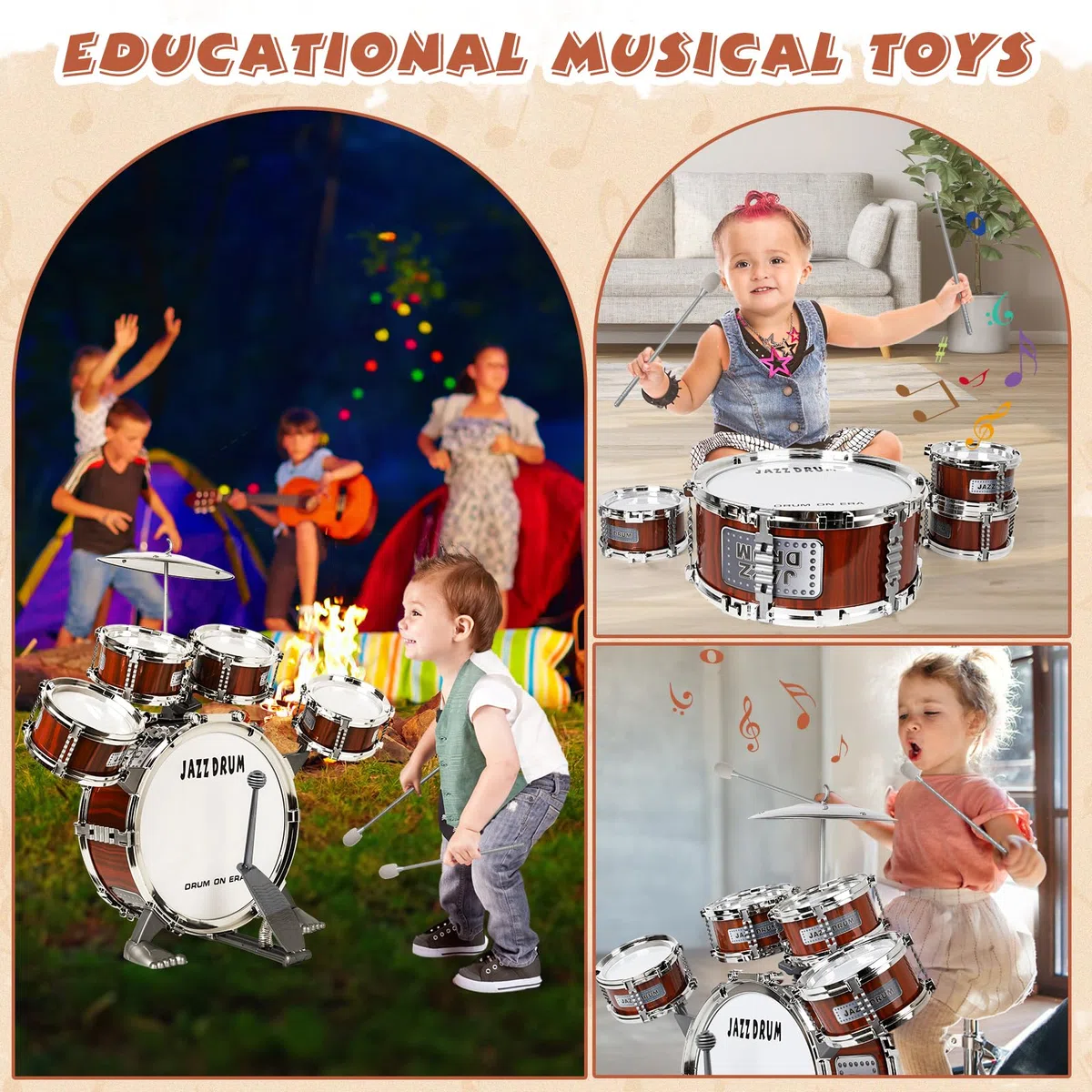 Schlagzeug für Kinder, 5 Trommeln mit Hocker, Musikinstrument für frühkindliche Bildung, passend für Kinder ab 3 Jahren, Drumset für Jungen & Mädchen