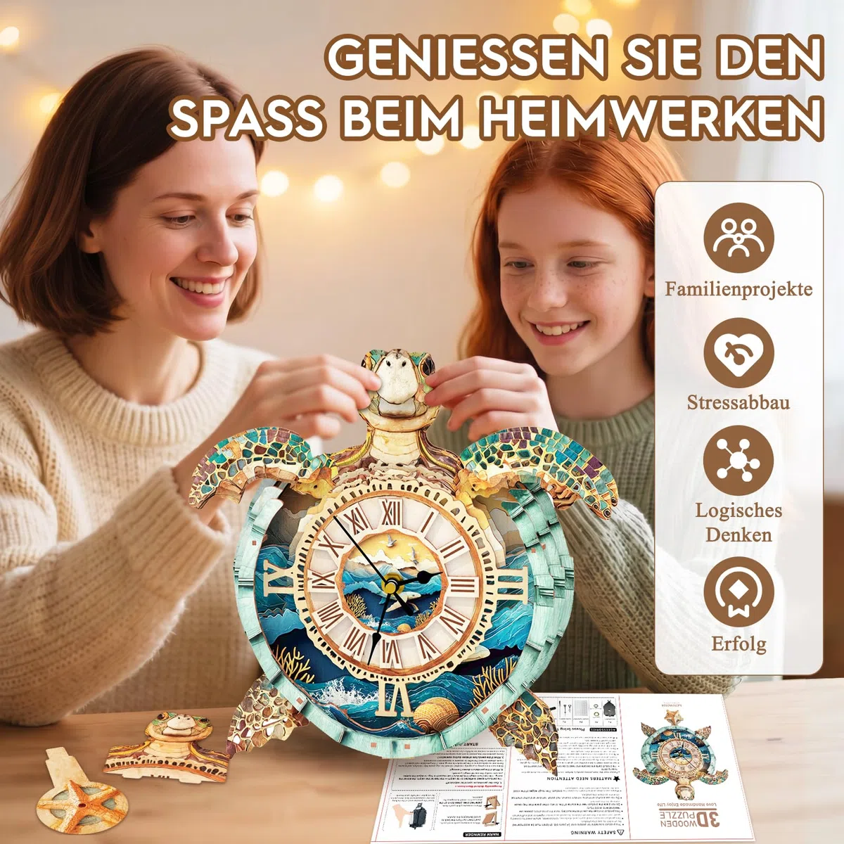 3D Holzpuzzle Erwachsene, Schildkröte Uhr 3D Puzzles Mit funktionaler Uhr (26,2cm*30,4cm), Schreibtisch/Wand Wohndeko, Geschenke für Freunde/Familien Spieleabend
