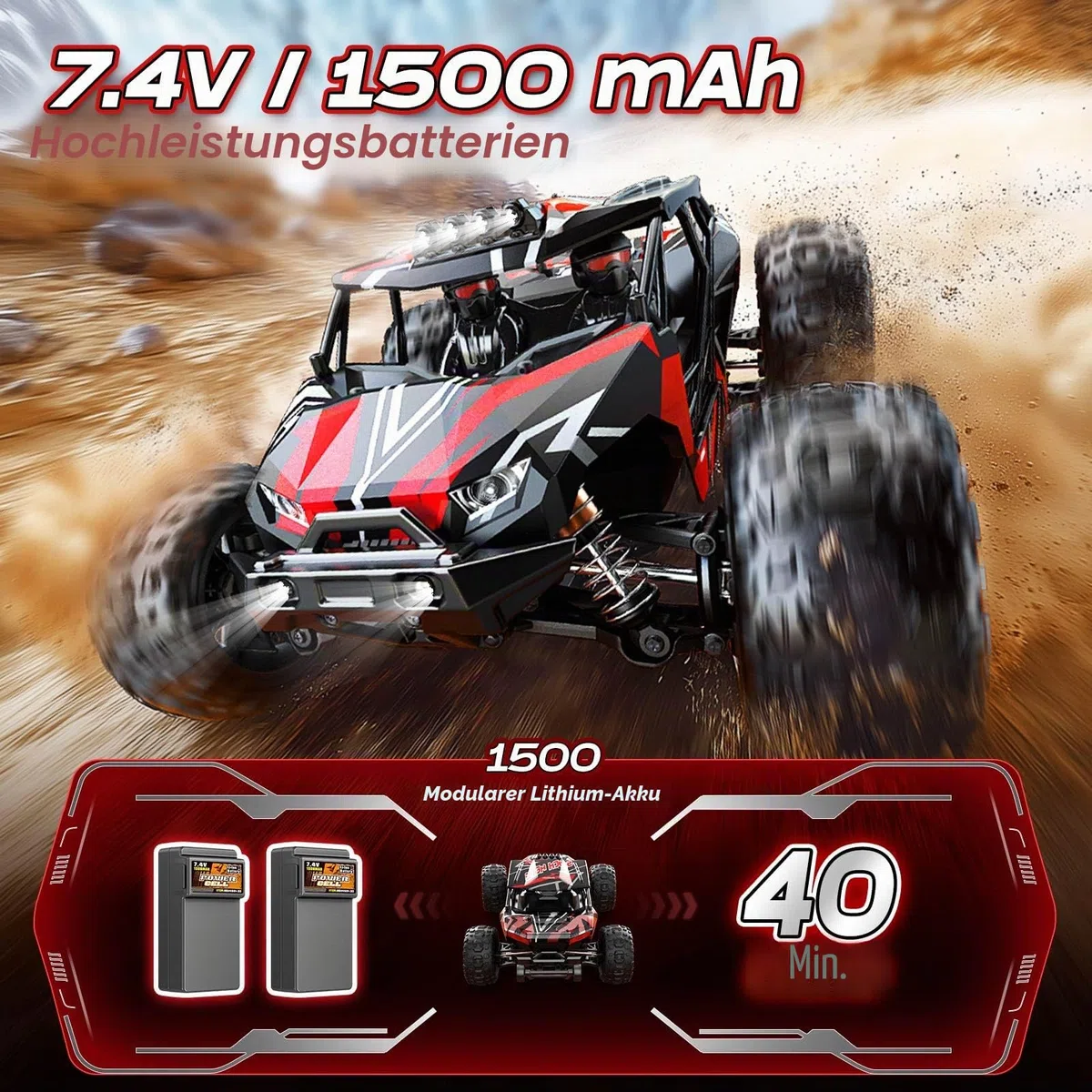 Ferngesteuertes Auto Erwachsene 1:14 Brushless RC Auto RC Car Truck 52 km/h | 4WD All-Terrain Offroad ölgefüllten Stoßdämpfern 2x 2S 1500mAh LiPo Akku, RTR mit 2 Reifensätzen, Aufrüstbar auf 3S 70 km/h