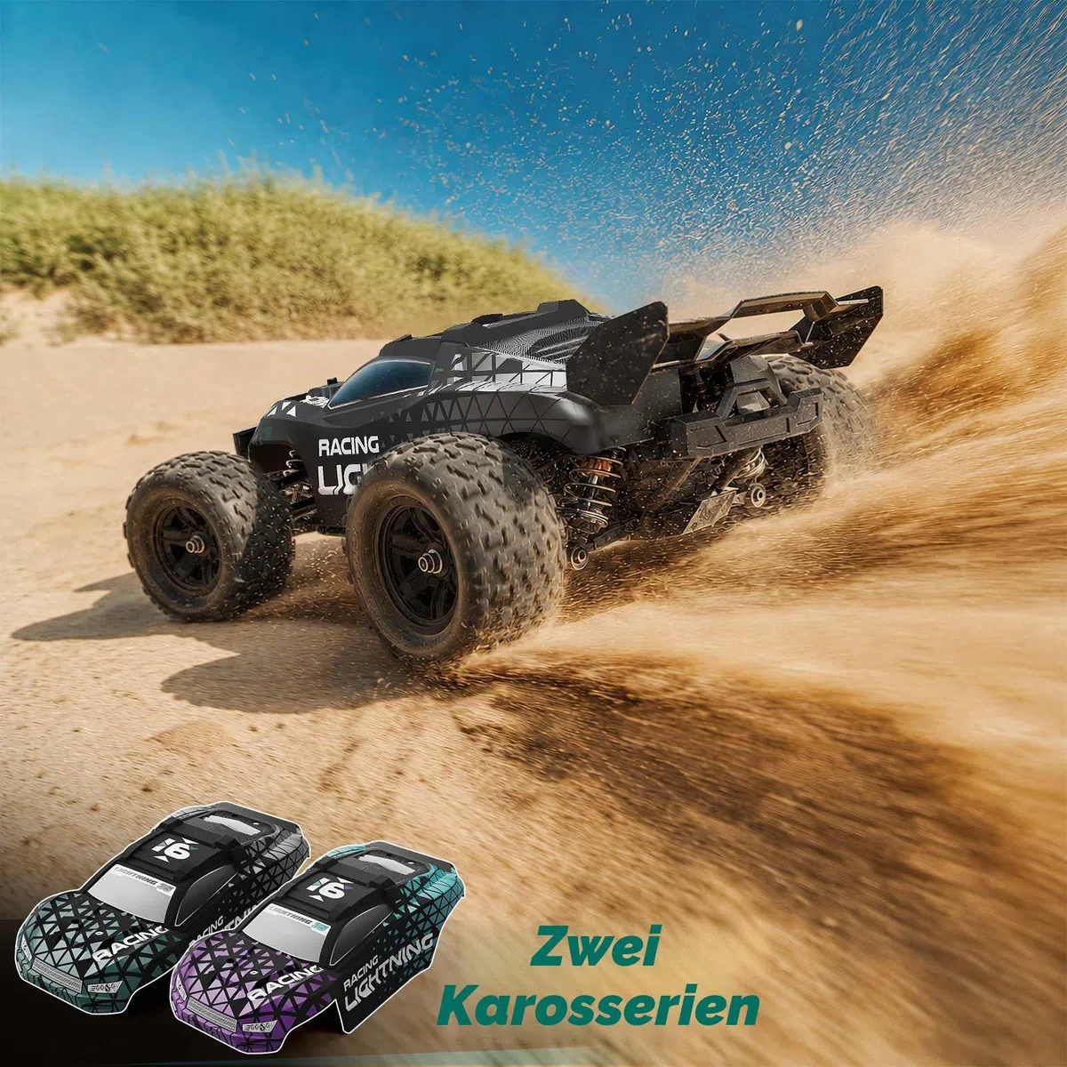 Ferngesteuertes Auto 1:18 Brushless 4WD RC Auto 52 km/h für Erwachsene & Jungen ab 10 Jahren, Offroad RC Auto mit Vollmetall-Antrieb, ölgefüllten Stoßdämpfern, 2 Akkus & 2 Karosserien