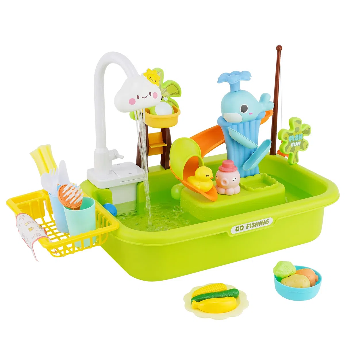 Küchenspüle Spielzeug Set, Spielzeugzubehör für die Spielküche mit Angelspiel und Küchenzubehör, Küchenspielzeug mit um 180° drehbarem Umlaufauslaufhahn,Rollenspiel Spielzeug für Kinder,Grün