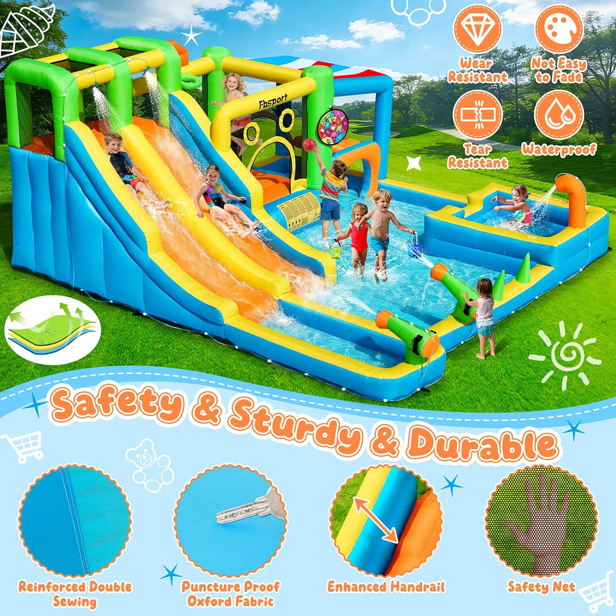 Hüpfburg mit 2 Wasserrutsche und Gebläse, Größe Wasserhüpfburg für Kinder mit Trampolin Wasserbecken Korb Kletterwand, XXL Hüpfburgen Bouncy Castle für Indoor Outdoor, 445x403x200 cm