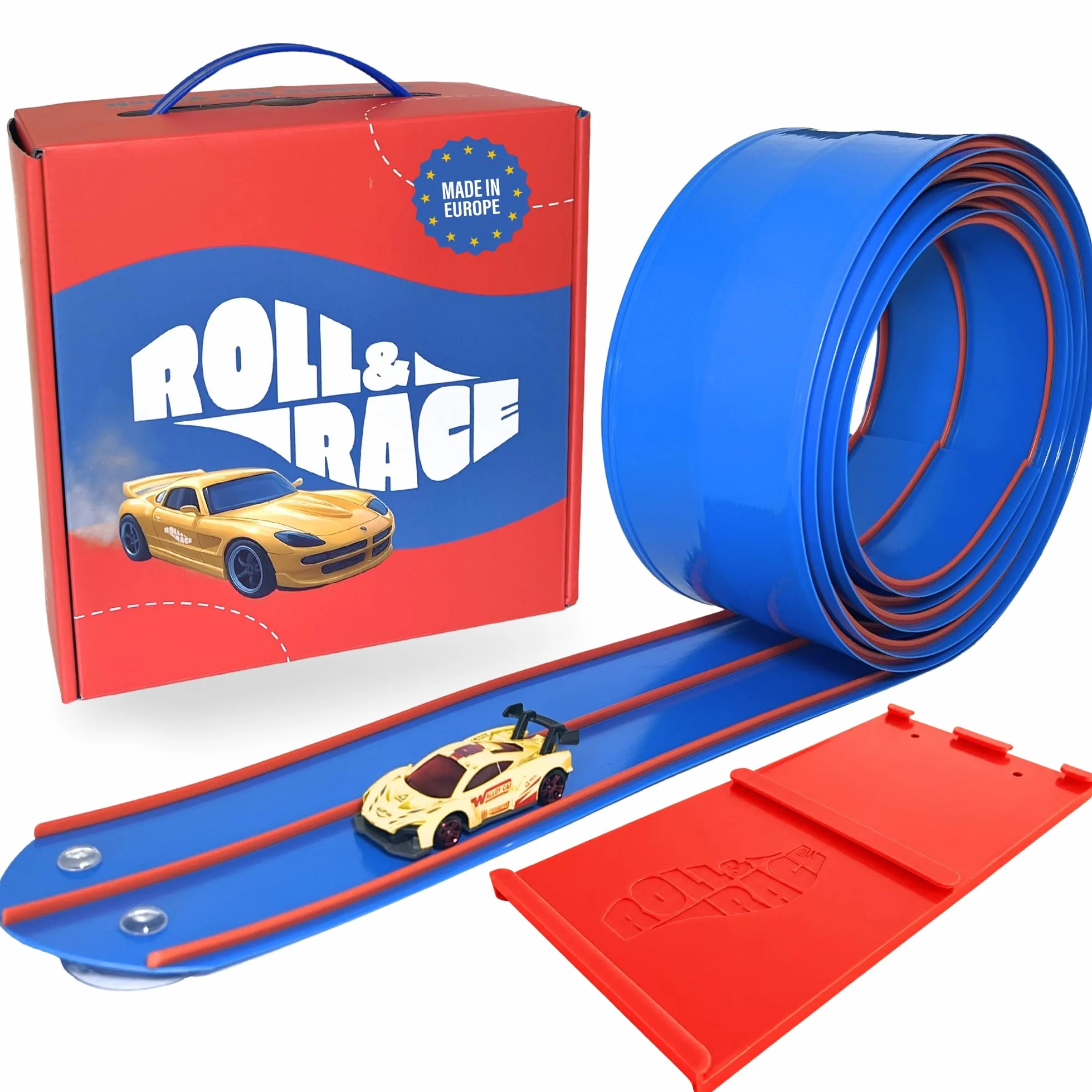 Roll&Race Flexible Autorennbahn 400cm - Made IN EU - Aufrollbare Rennstrecke Kinder - Kompatibel mit Spielzeugautos - Auto Rennbahn mit Transportkoffer - Gummistrecke