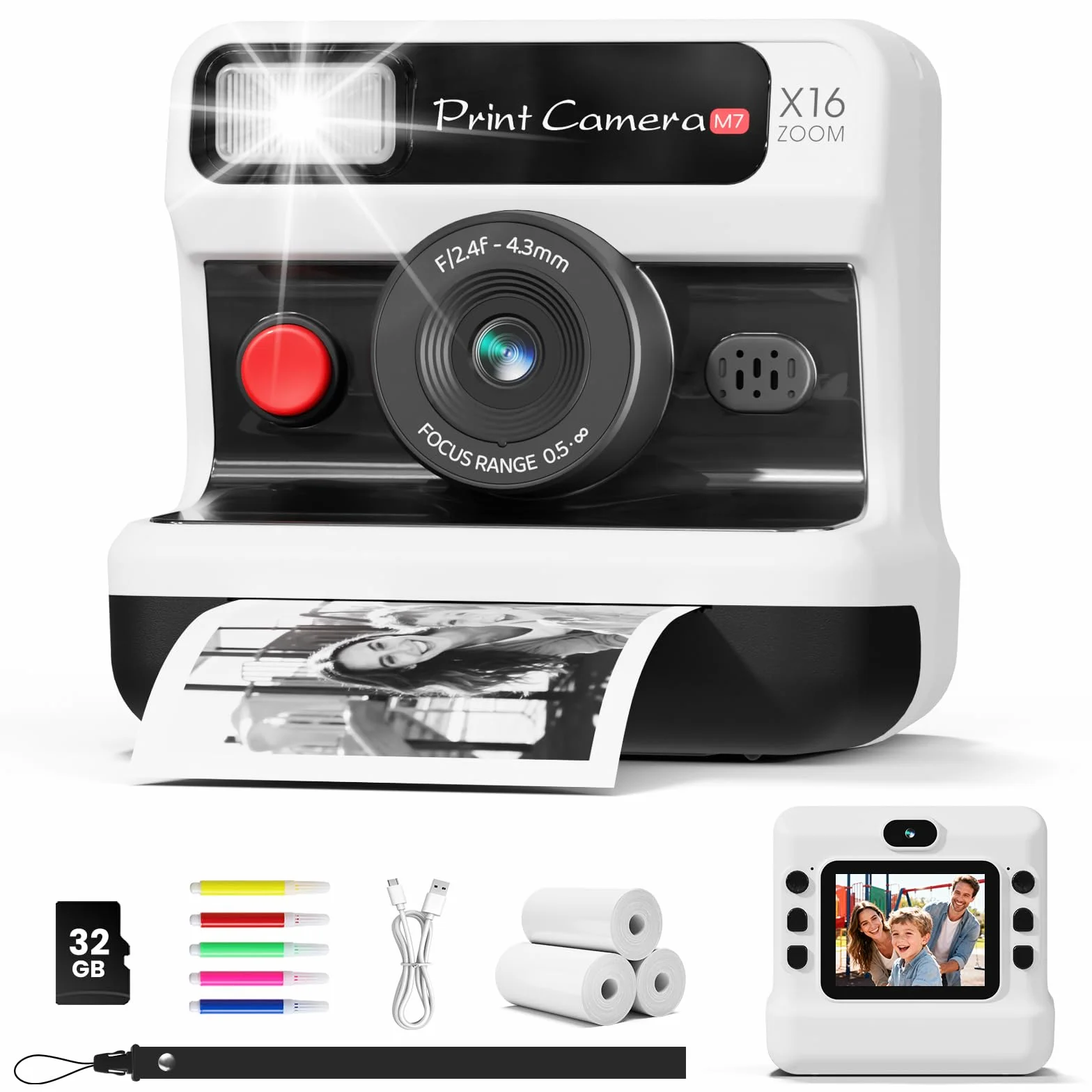 CalineGam Kinderkamera Sofortbildkamera, 1080P HD Sofortbildkamera Kinder mit 32 GB Karte und 3 Papierrollen, Kinderspielzeug mit Zwei Objektiven, Geschenke für Jungen & Mädchen von 3-12 Jahren