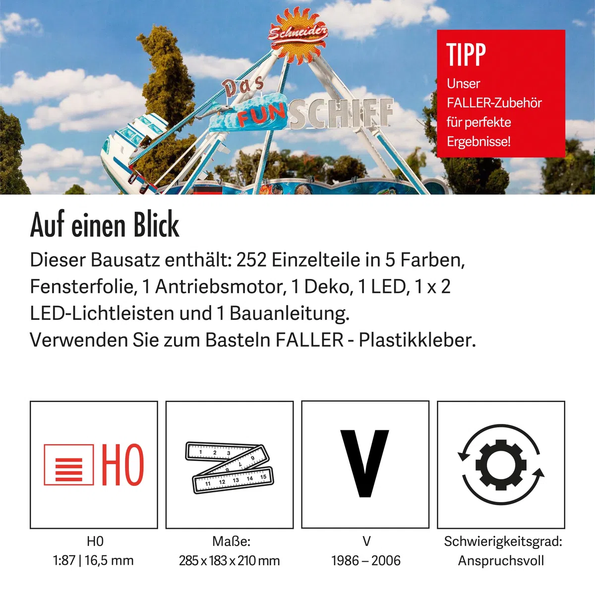 FALLER Fahrgeschäft FUN-Schiff Modellbausatz mit 252 Einzelteilen 285 x 183 x 210 mm I Modelleisenbahn Zubehör H0 I Modelleisenbahn H0 Schiffschaukel, Weiß