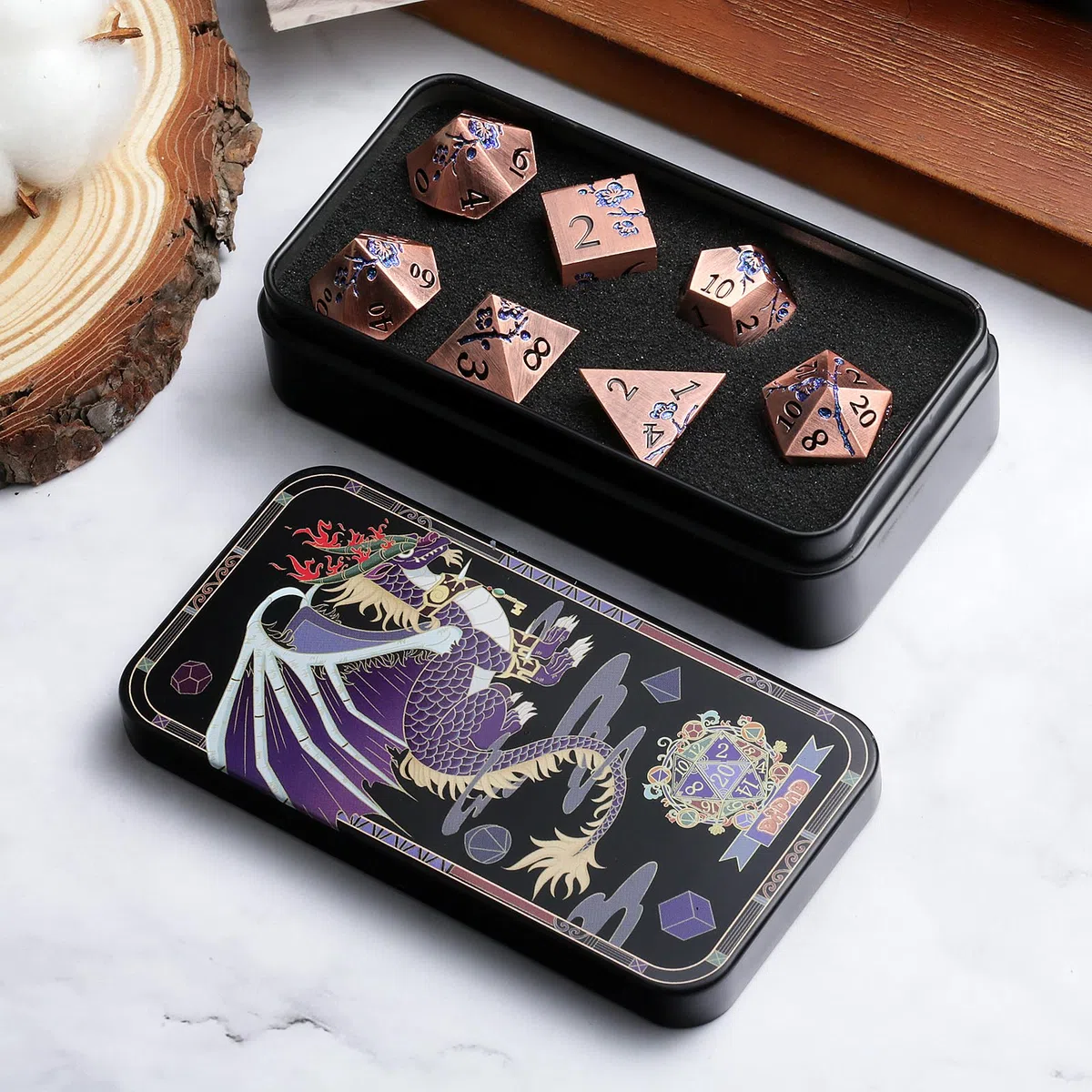 Metal Dice, 7 PCS Heavy Solid Metallic Flower DND Dice Set with Grogeous Gift Case for D&D Dungeons and Dragon Tabletop Game (Ancient Copper)
