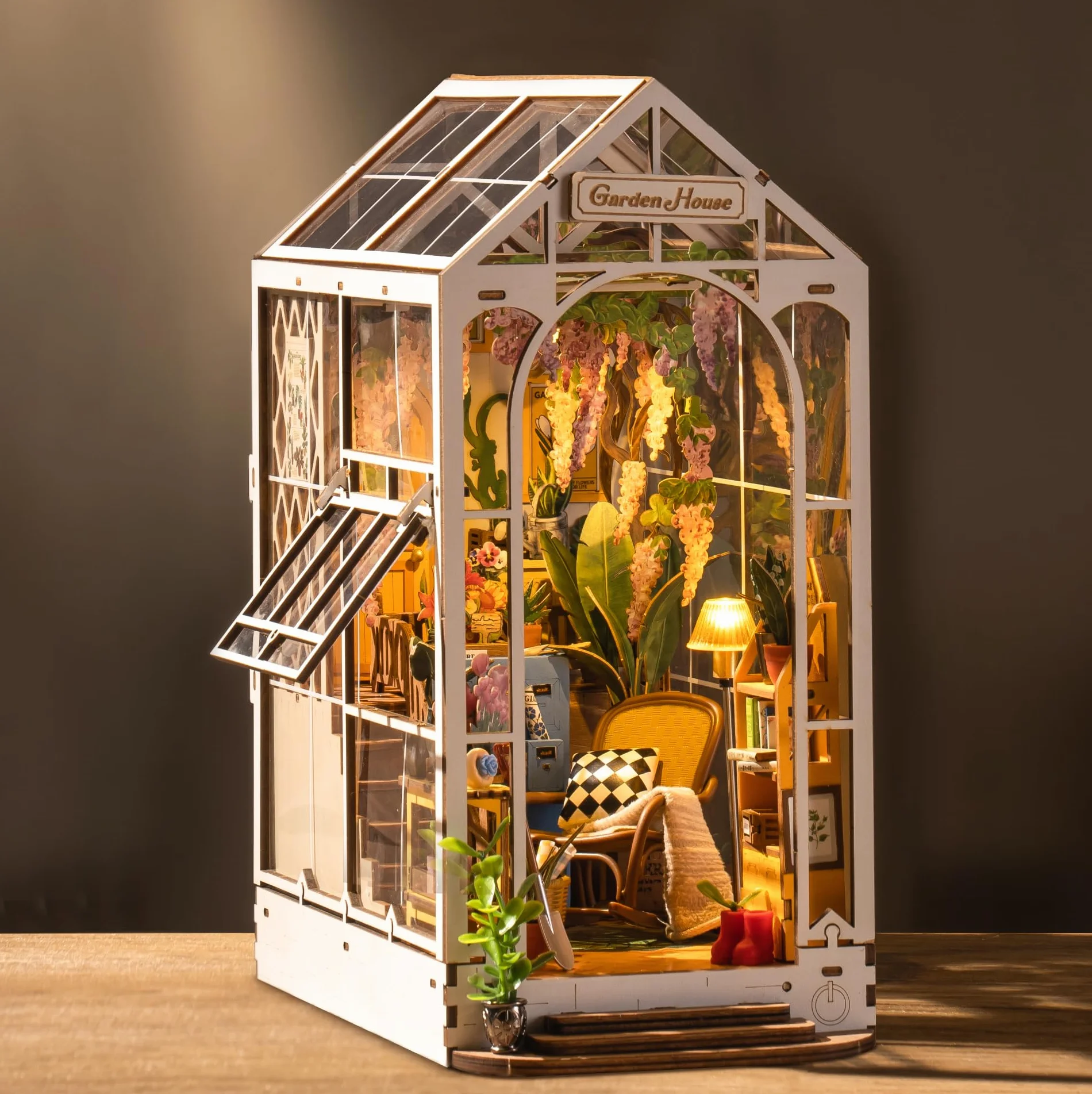 ROBOTIME DIY Book Nook Kit Gartenhaus mit Möbeln und LED Lampe, 3D Puzzle Booknook Miniatur Haus Modellbausatz, Diorama Modelbau für Erwachsene, Bücherregal Deko