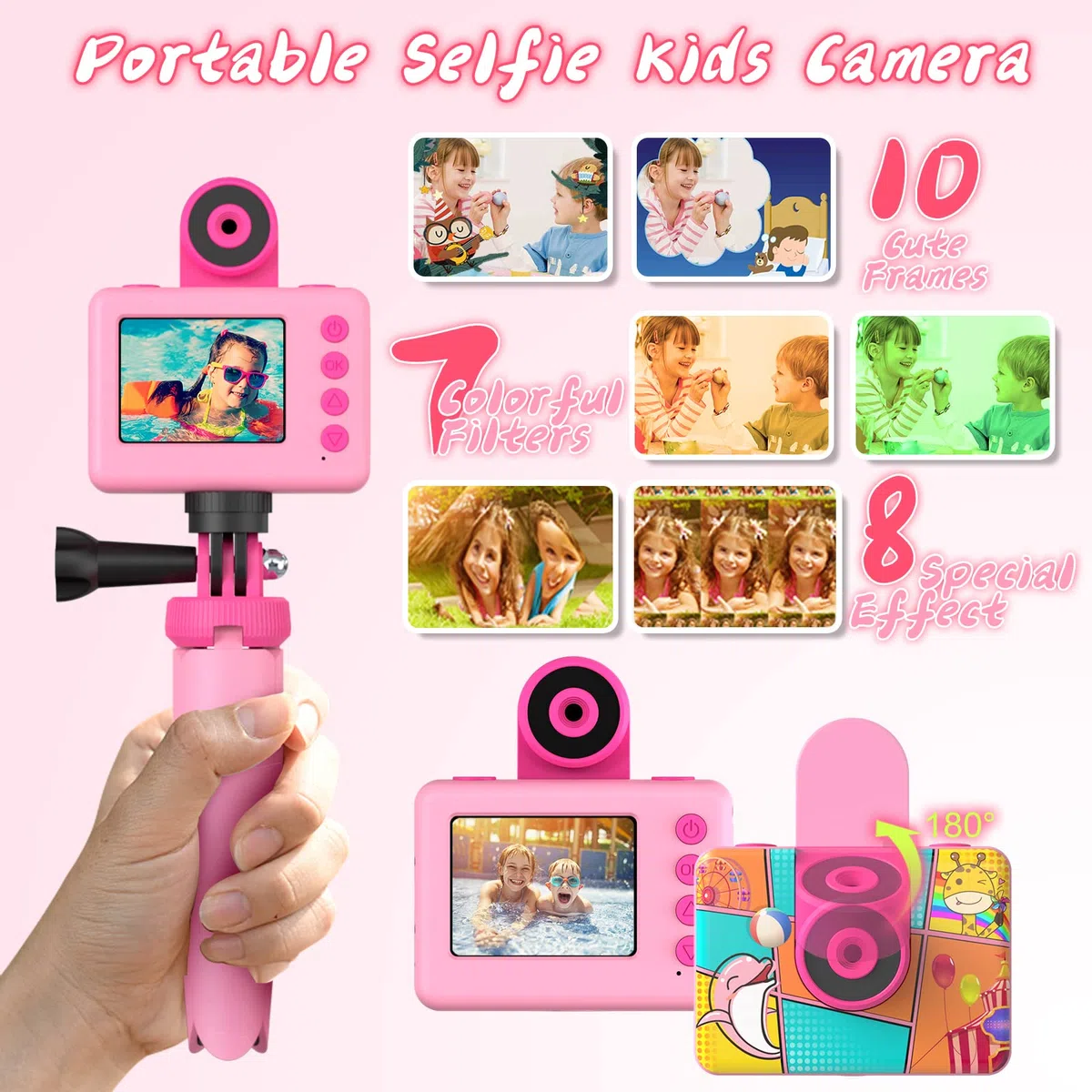 Ushining Kinderkamera, wasserdicht, 1080P Unterwasser-Videokamera, Kinder, digitale Selfie-Kamera mit Display 5,1 cm (2,0 Zoll), TF-Karte, 32 GB, Geschenk für Mädchen und Jungen, 3-12 Jahre, Rosa