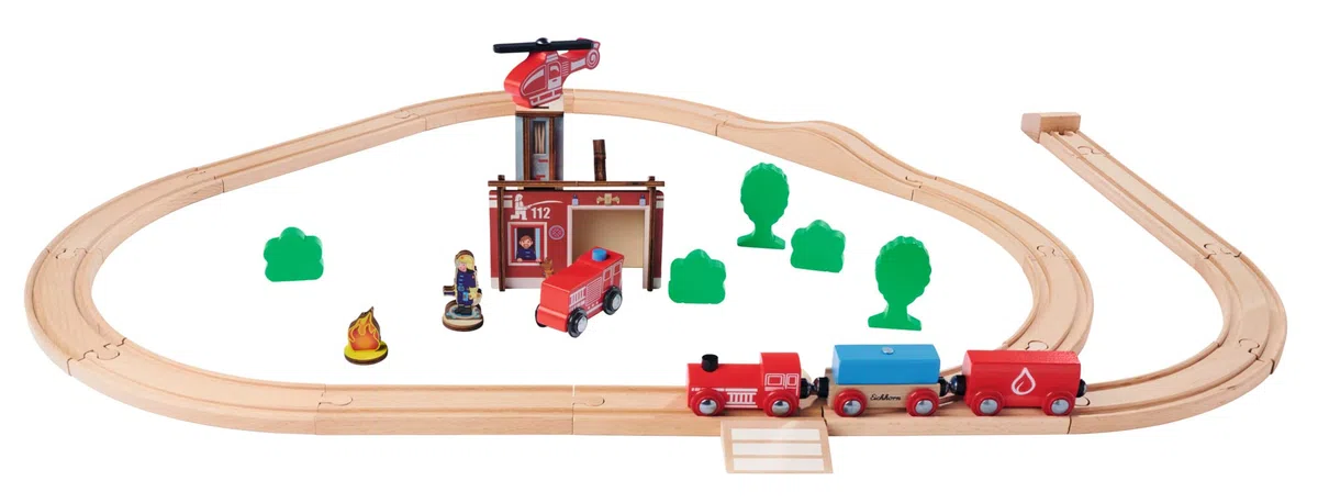 Eichhorn Schienenbahn 100006205 Feuerwehr-Set, 33 teilig, 295 cm Streckenlänge, FSC zertifiziertes Buchenholz, verbaubar mit Anderen Schienenbahnsystemen