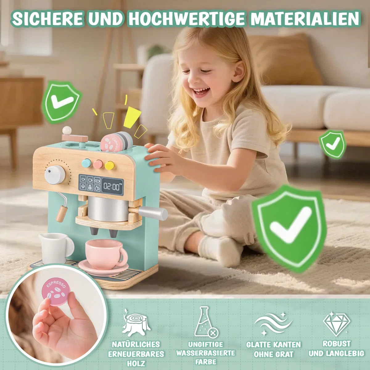 YOOHBERRYS Kaffeemaschine Kinder Holz, 22 Stück Kinderküche Kaffeemaschine, Espressomaschine Holzspielzeug mit Mühle, Spielküche Zubehör kaffeeservice Rollenspiele Geschenk für Kinder ab 3 Jahre
