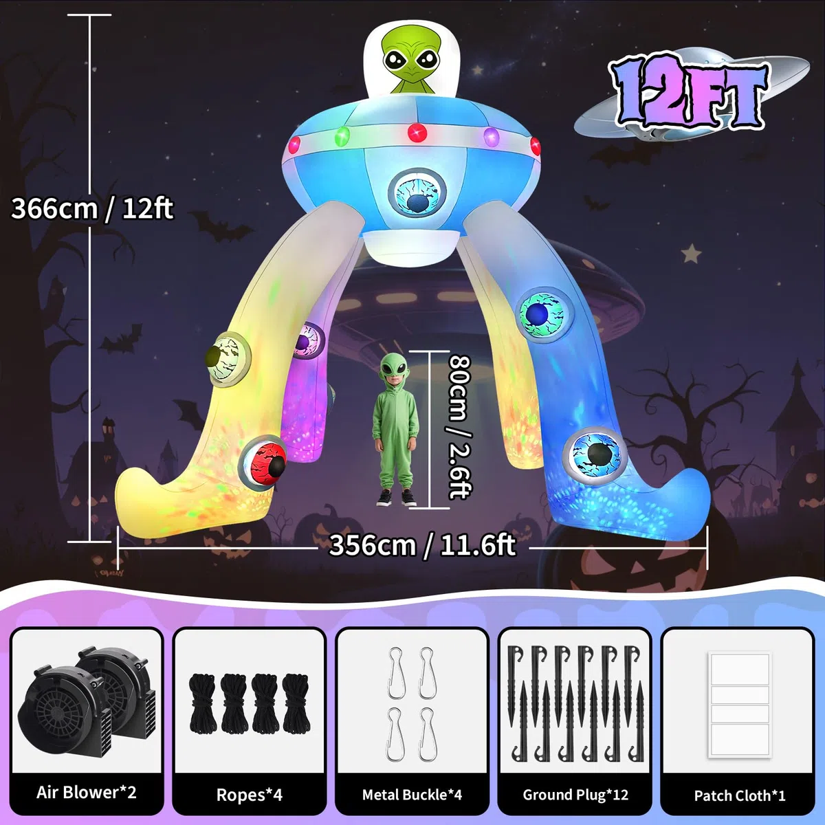 Kalolary 12FT Halloween Hüpfburgen, riesiger Alien Bogen mit integrierten bunten Blinklichtern,Halloween Dekoration für den Außenbereich, für Garten, Rasen und Innenräumer (Alien UFO Torbogen)
