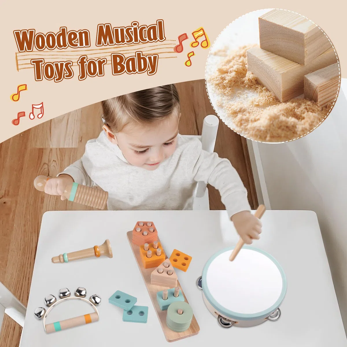 Musikinstrumente für Kinder Holz Montessori Instrumente Musikinstrumente Baby Percussion-Instrumente Musikspielzeug-Set für Kleinkinde (Natürlich)