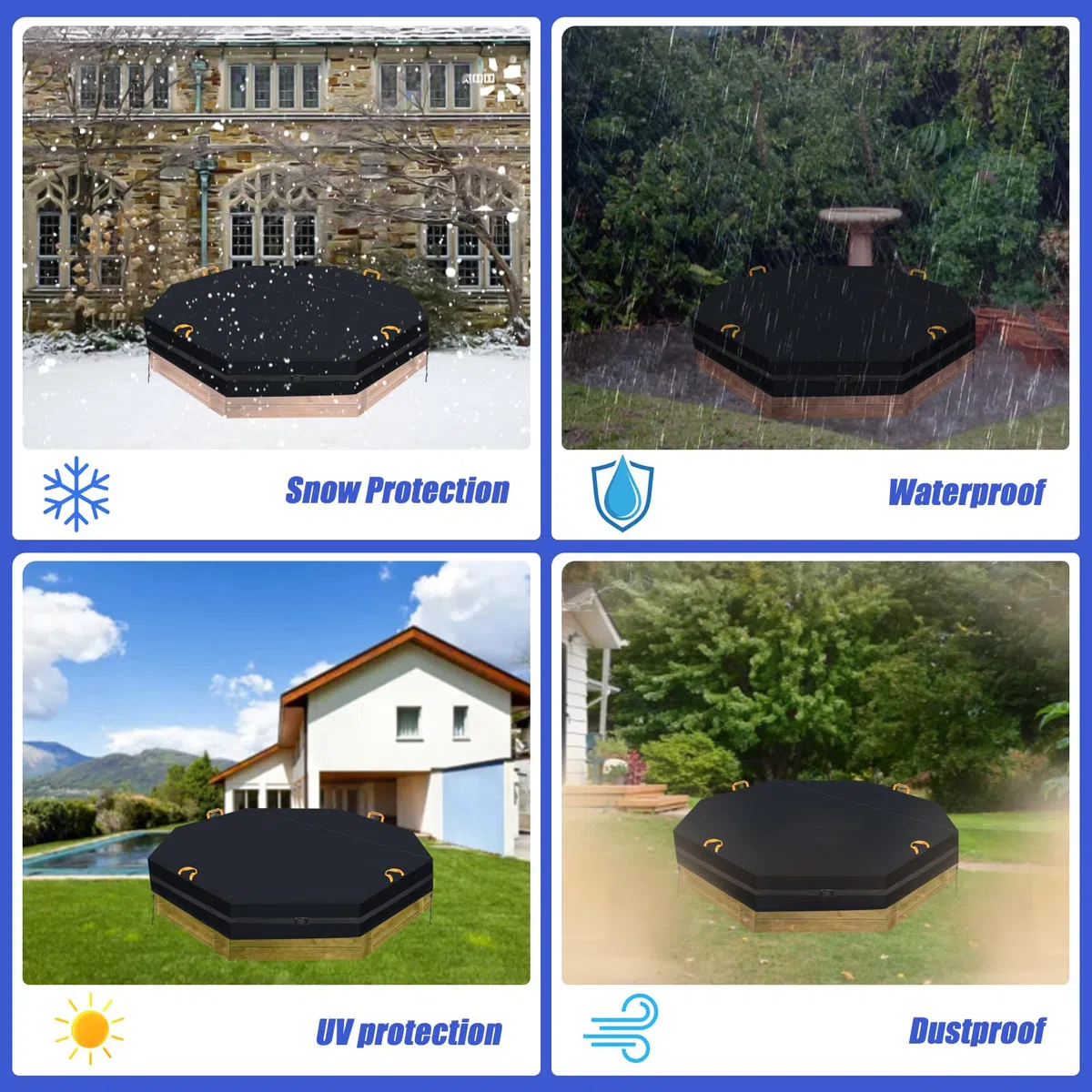 Wasserdicht Achteckige Sandkastenabdeckung mit 7M Winddicht Schnalle, 600D Oxford Outdoor Garten Sandkasten Pool Schutz Abdeckplane mit 4 reflektierenden Griffen und 2 Kordelzügen (213 x 200 x 23 cm)