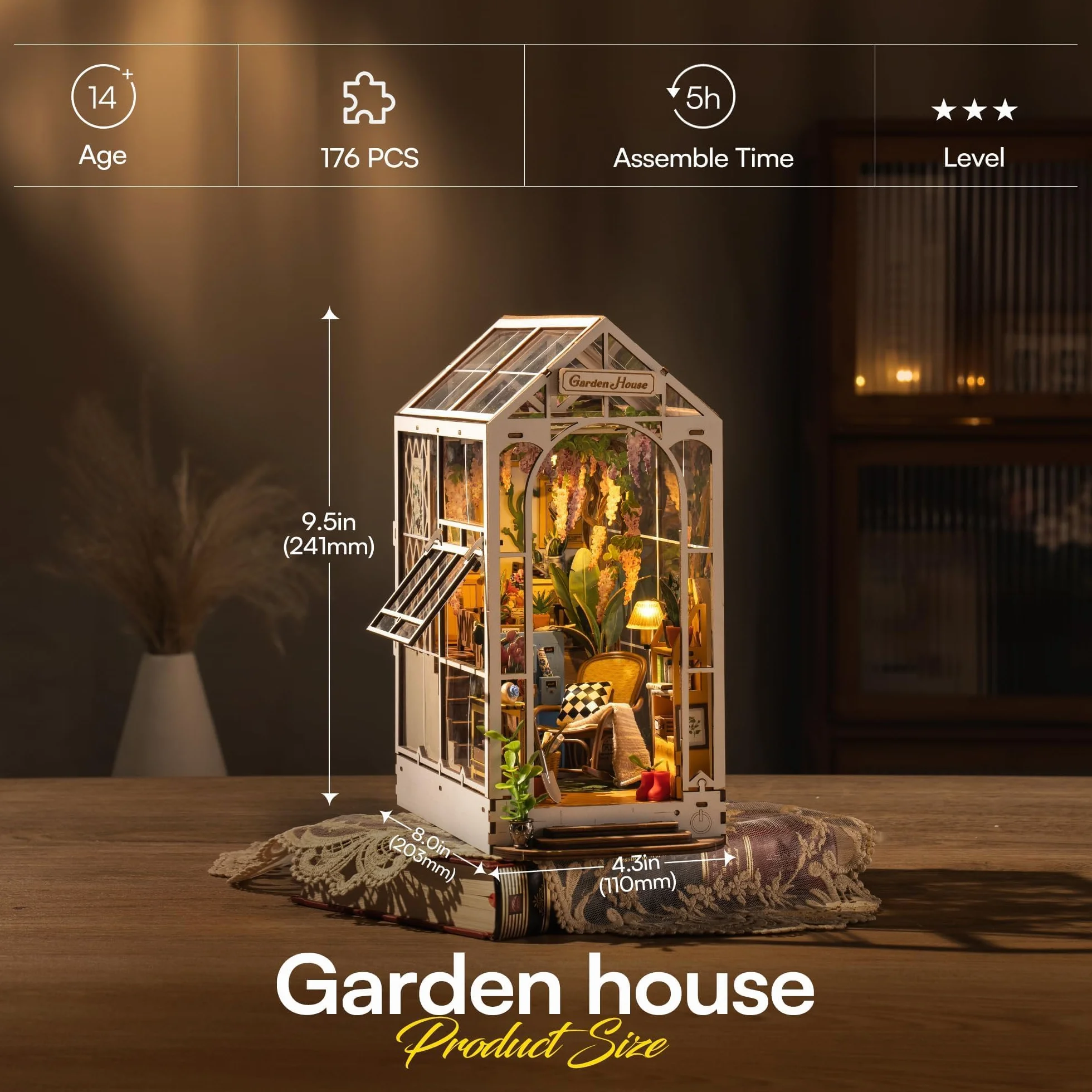 ROBOTIME DIY Book Nook Kit Gartenhaus mit Möbeln und LED Lampe, 3D Puzzle Booknook Miniatur Haus Modellbausatz, Diorama Modelbau für Erwachsene, Bücherregal Deko