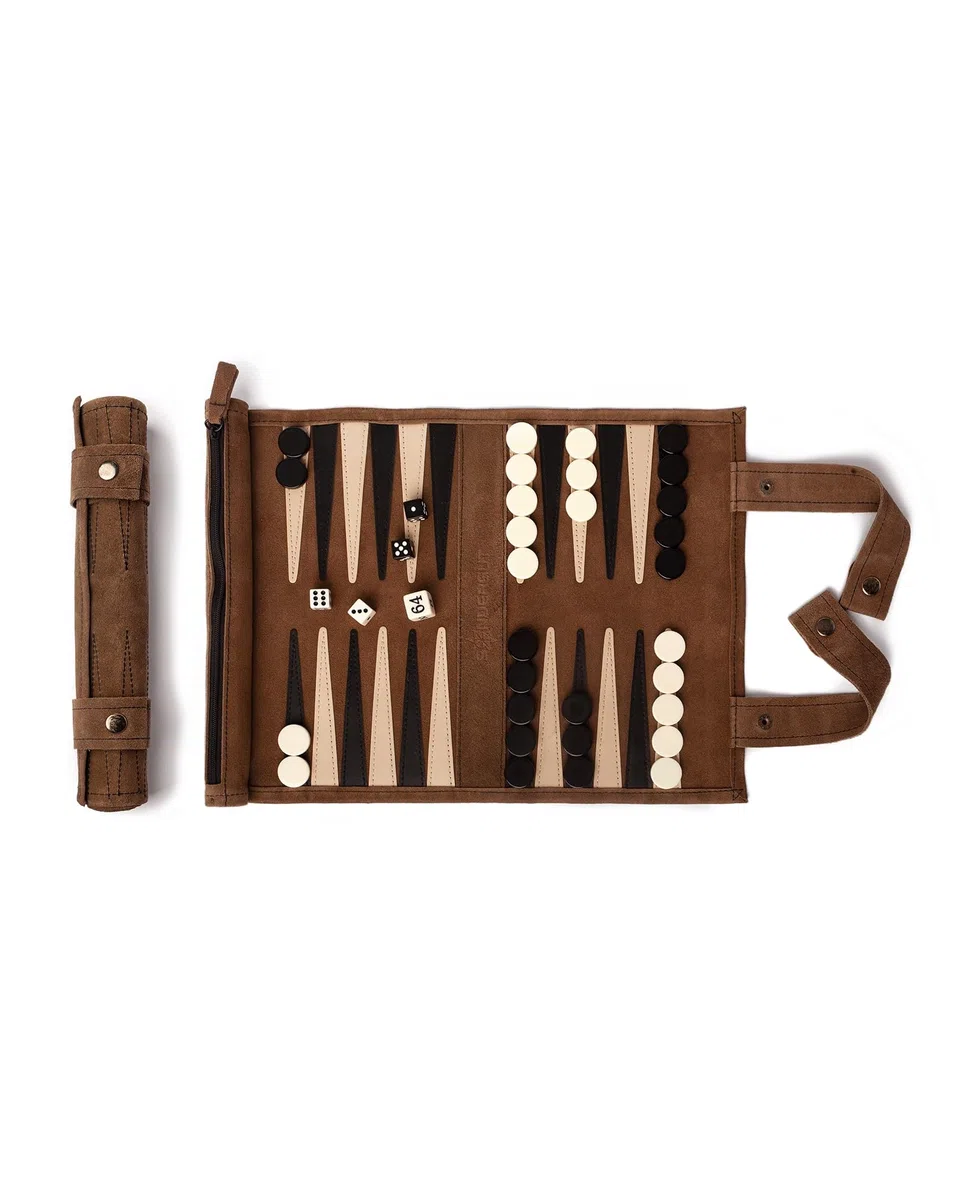Sondergut Backgammon Brettspiel Mocca - Zum Rollen aus 100% Leder - Das Original seit 1998 Camper & Travel-Fans - 25x34cm
