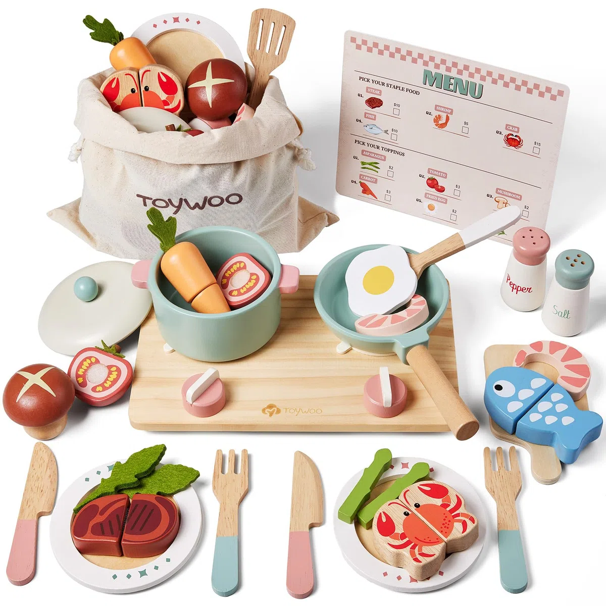 Holzspielzeug-Küchenzubehör, Topf- und Pfannenspielset für Kinder, Küchenspielset mit Spielzeugherd, Küchenspiele für Kleinkinder, Kinder-Essensspielzeug, 3-5