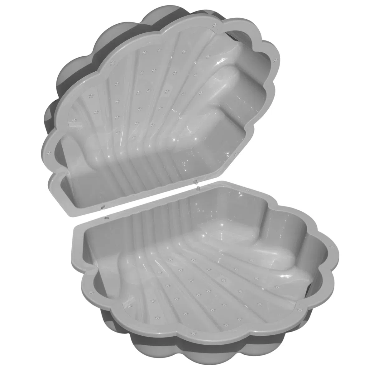 Sand- und Wassermuschel 2-teilig Grau mit Sterne-Prägung – Sandkasten & Wasserspielbecken für Kinder 1–6 Jahre – Muschel mit Abdeckung für Garten, Terrasse & Outdoor – 86 x 77 x 17,5 cm