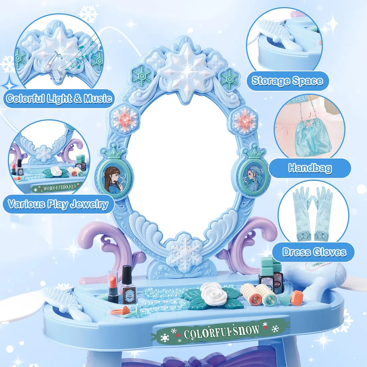 deAO Schminktisch Frisiertisch für Mädchen mit Hocker, Musik & Licht, Princess Schönheitsstudio Frisiersalon Kinderschminke Set, mit Styling-Zubehör Friseur Set für Kinder ab 3 Jahren | Blau