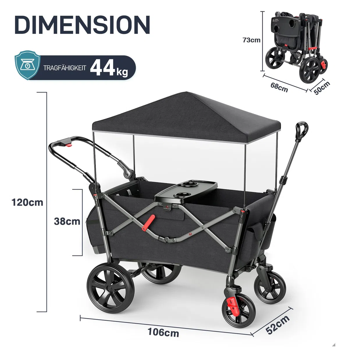 EVER ADVANCED Bollerwagen für 2 Kinder Faltbar mit Dach, Kinderwagen 2x5 Punkt Sicherheitsgurt mit Wickelrucksack, Bollerwagen mit Sitz, Handwagen Transportwagen, Ziehen & Schieben, Fußbremse